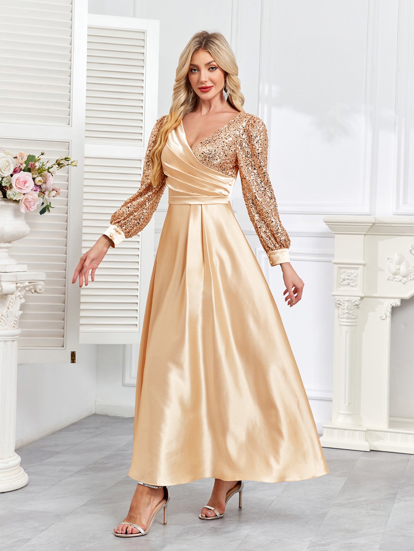 Champagne Satin Sequin Lantern Sleeve A‑Line Evening Gown