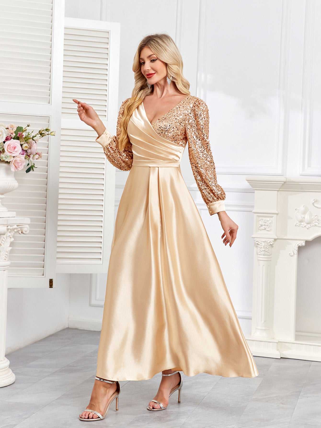 Champagne Satin Sequin Lantern Sleeve A‑Line Evening Gown
