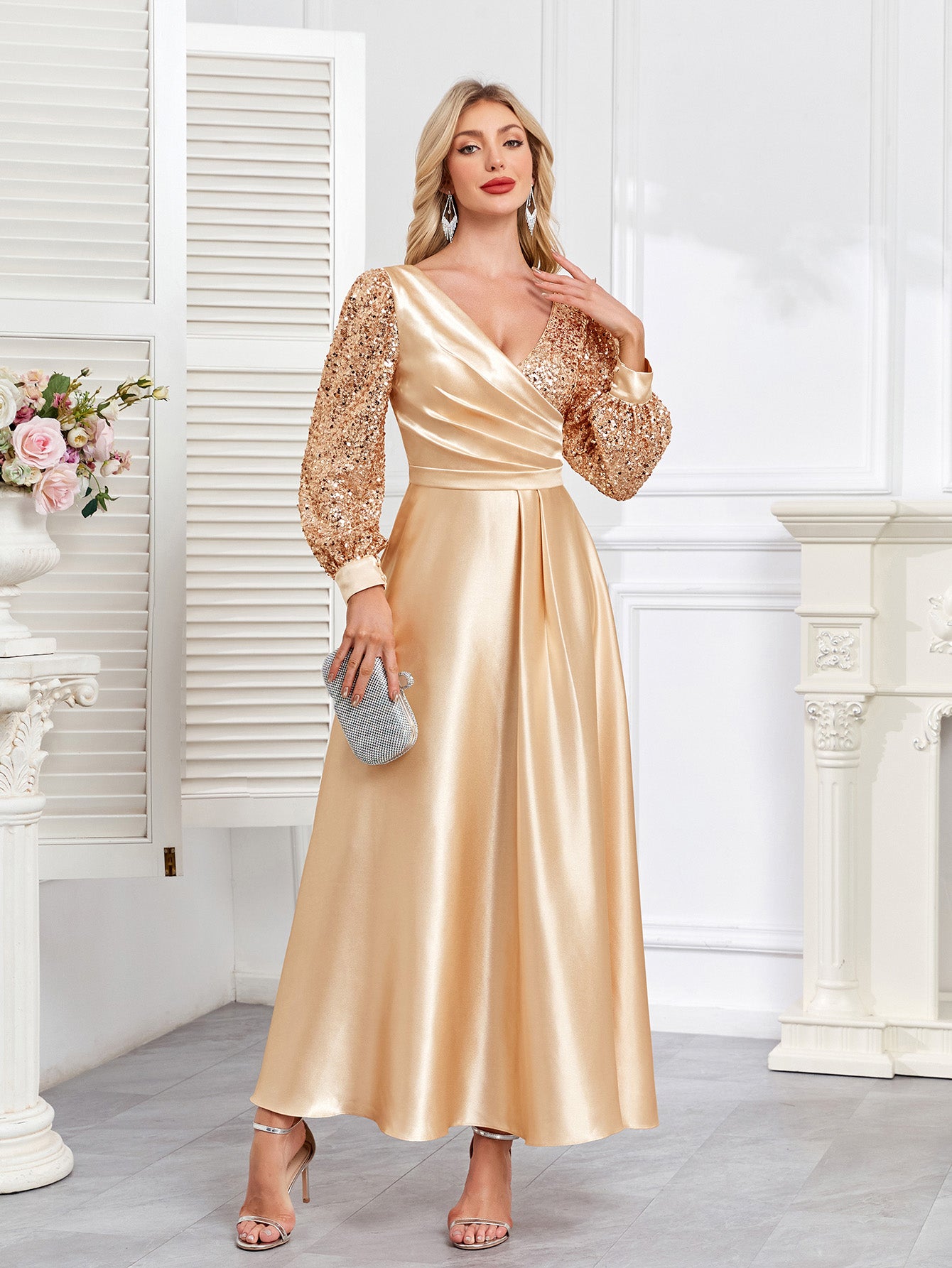 Champagne Satin Sequin Lantern Sleeve A‑Line Evening Gown