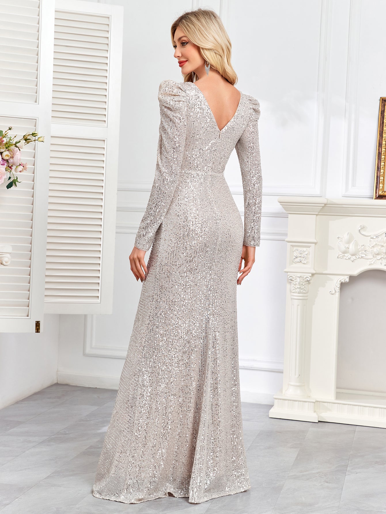 V-neck Slim Fit Slit Sequin Embroidered Dress