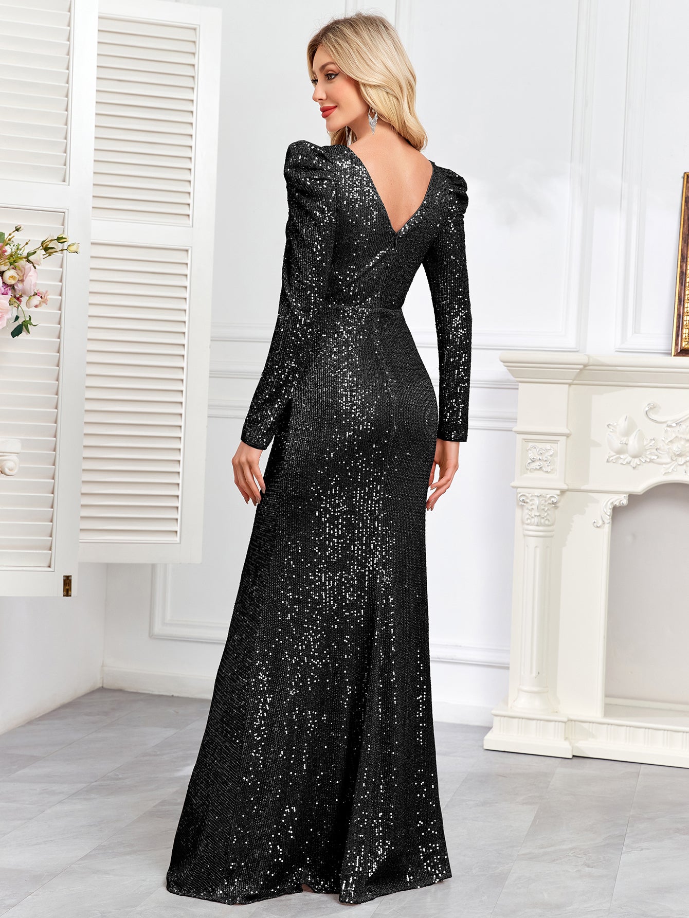V-neck Slim Fit Slit Sequin Embroidered Dress