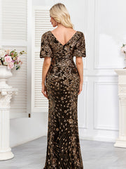 Black Gold Sequin V-Neck Puff Sleeve Mermaid Evening Gown