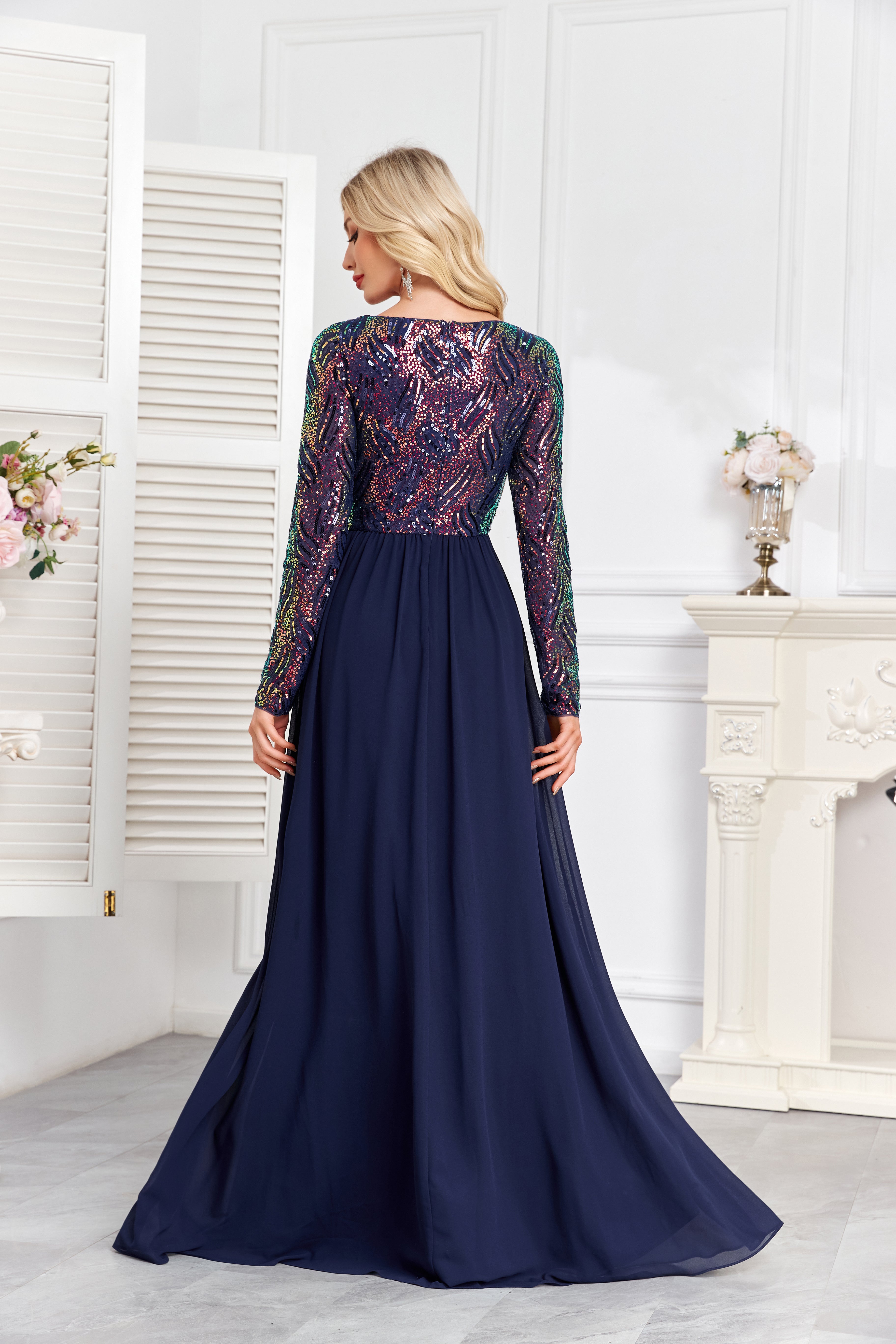 Navy Blue Multicolor Sequin Long Sleeve A‑Line Evening Gown