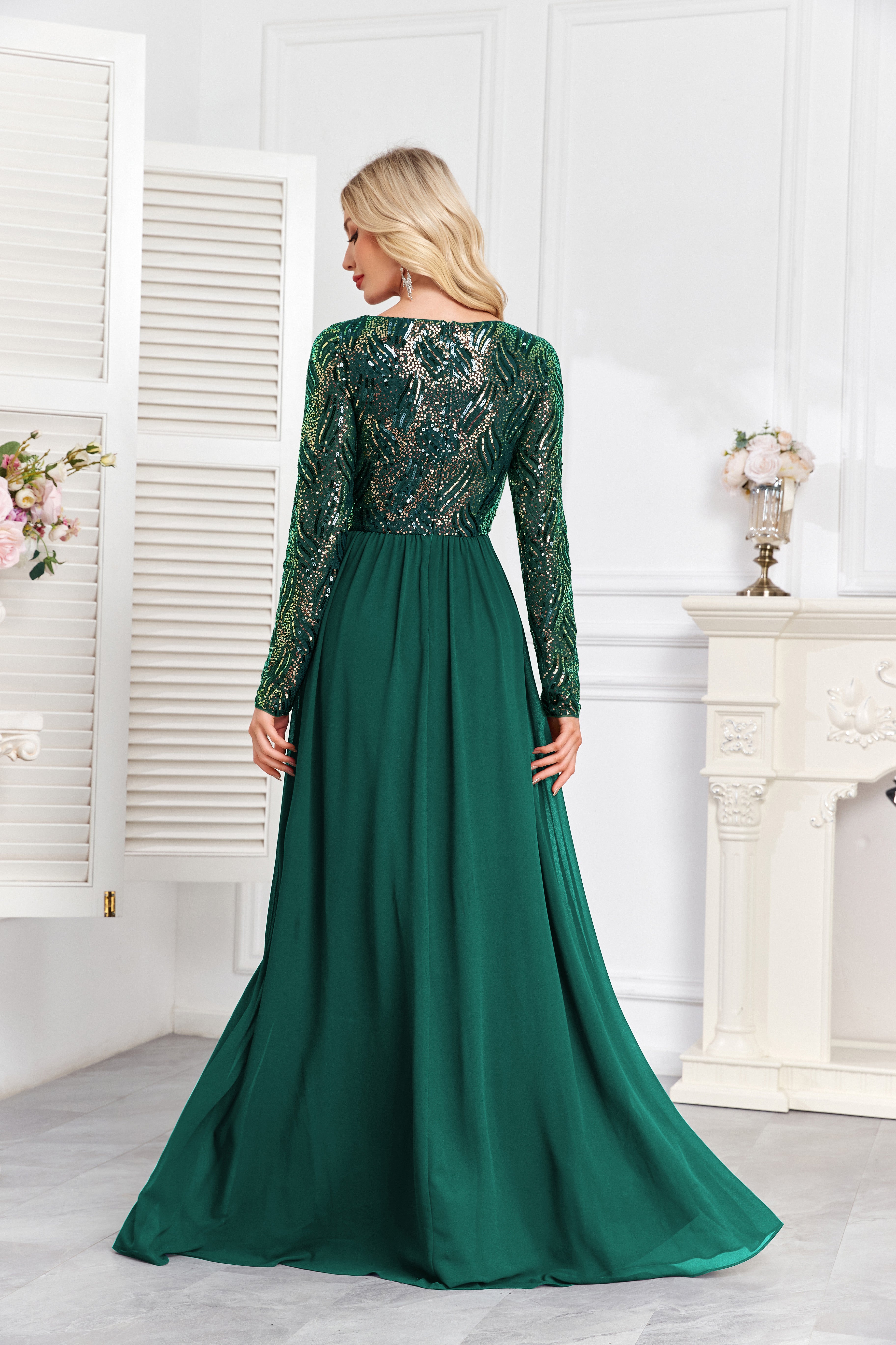 Navy Blue Multicolor Sequin Long Sleeve A‑Line Evening Gown