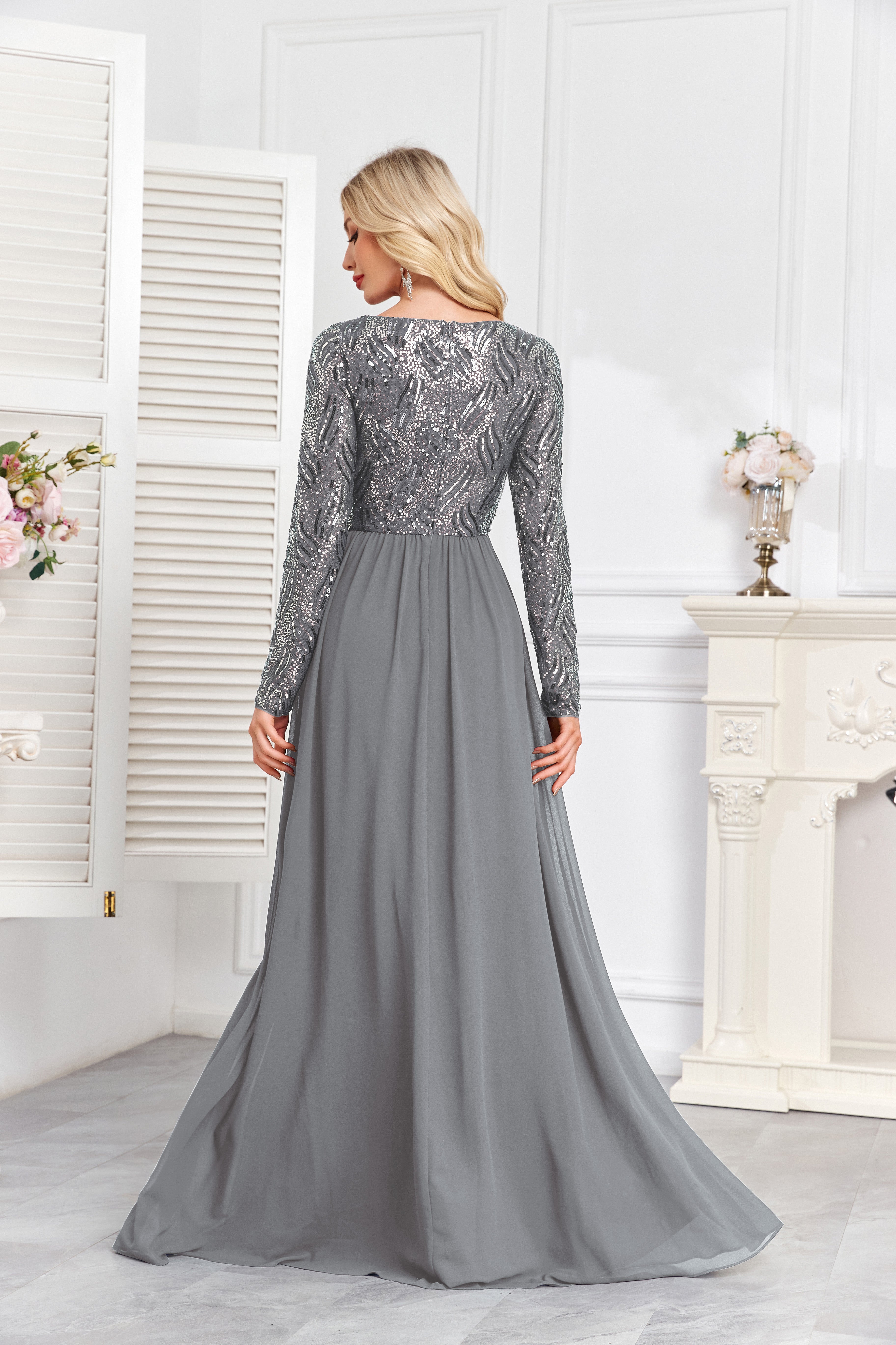 Navy Blue Multicolor Sequin Long Sleeve A‑Line Evening Gown