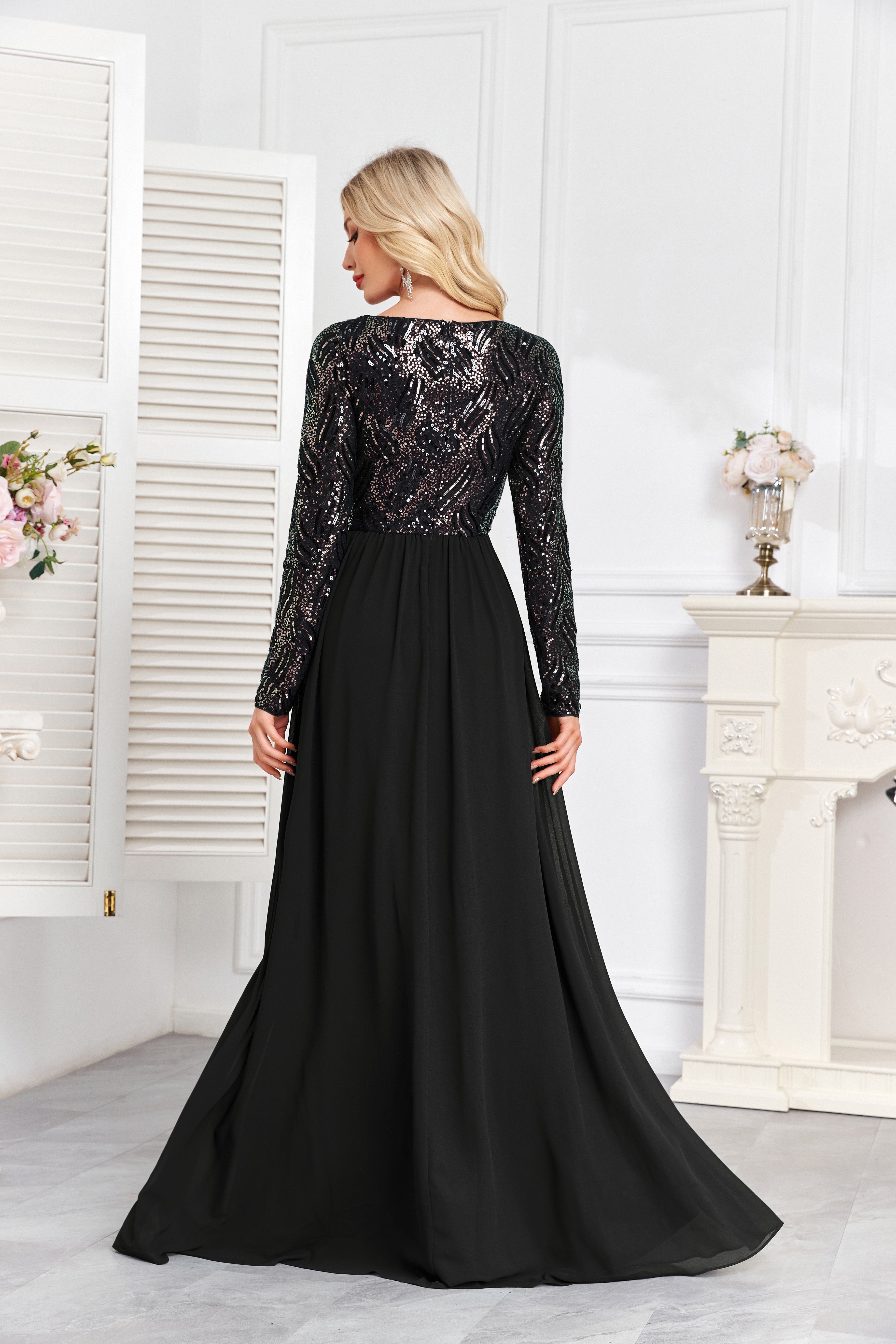Navy Blue Multicolor Sequin Long Sleeve A‑Line Evening Gown