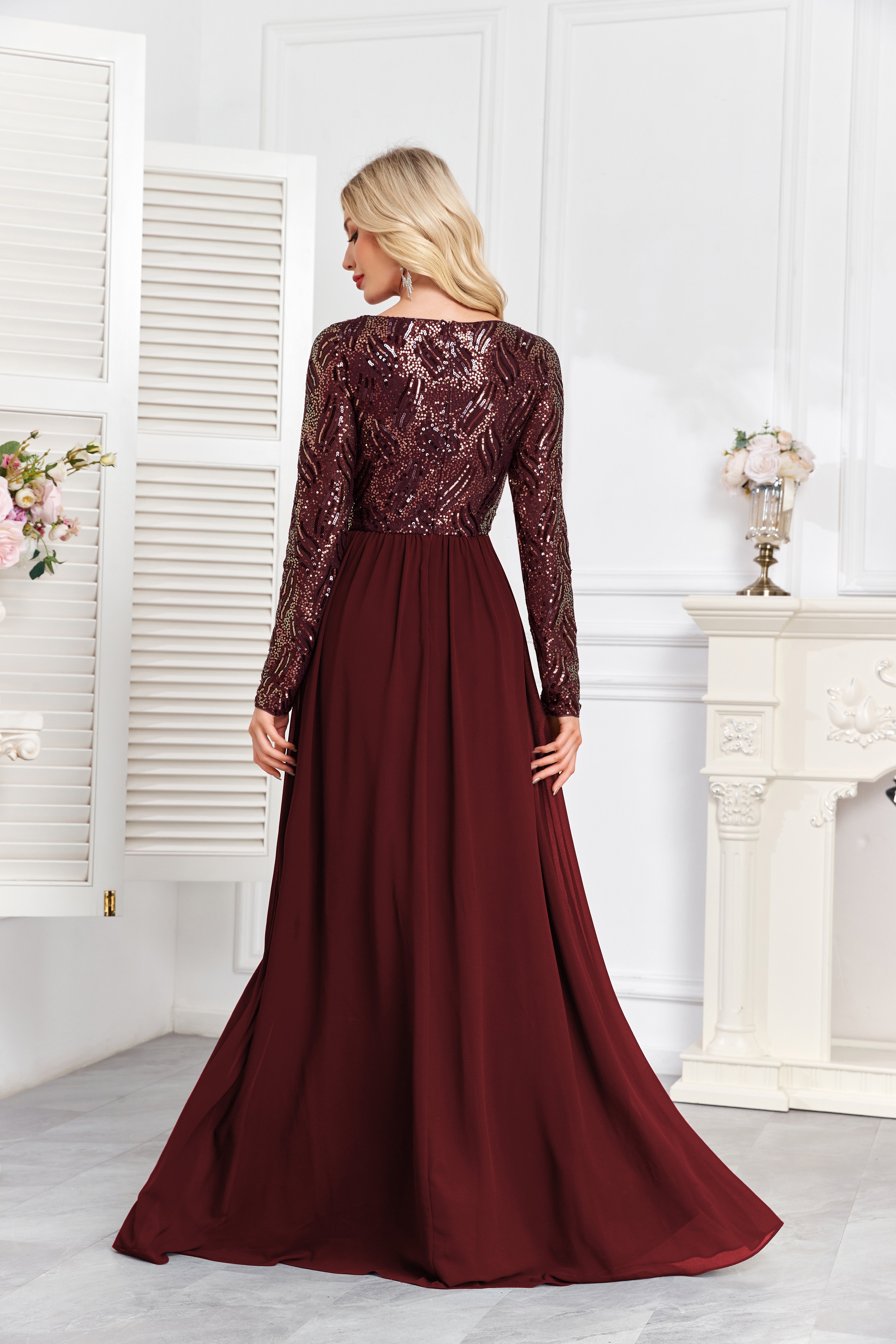 Navy Blue Multicolor Sequin Long Sleeve A‑Line Evening Gown