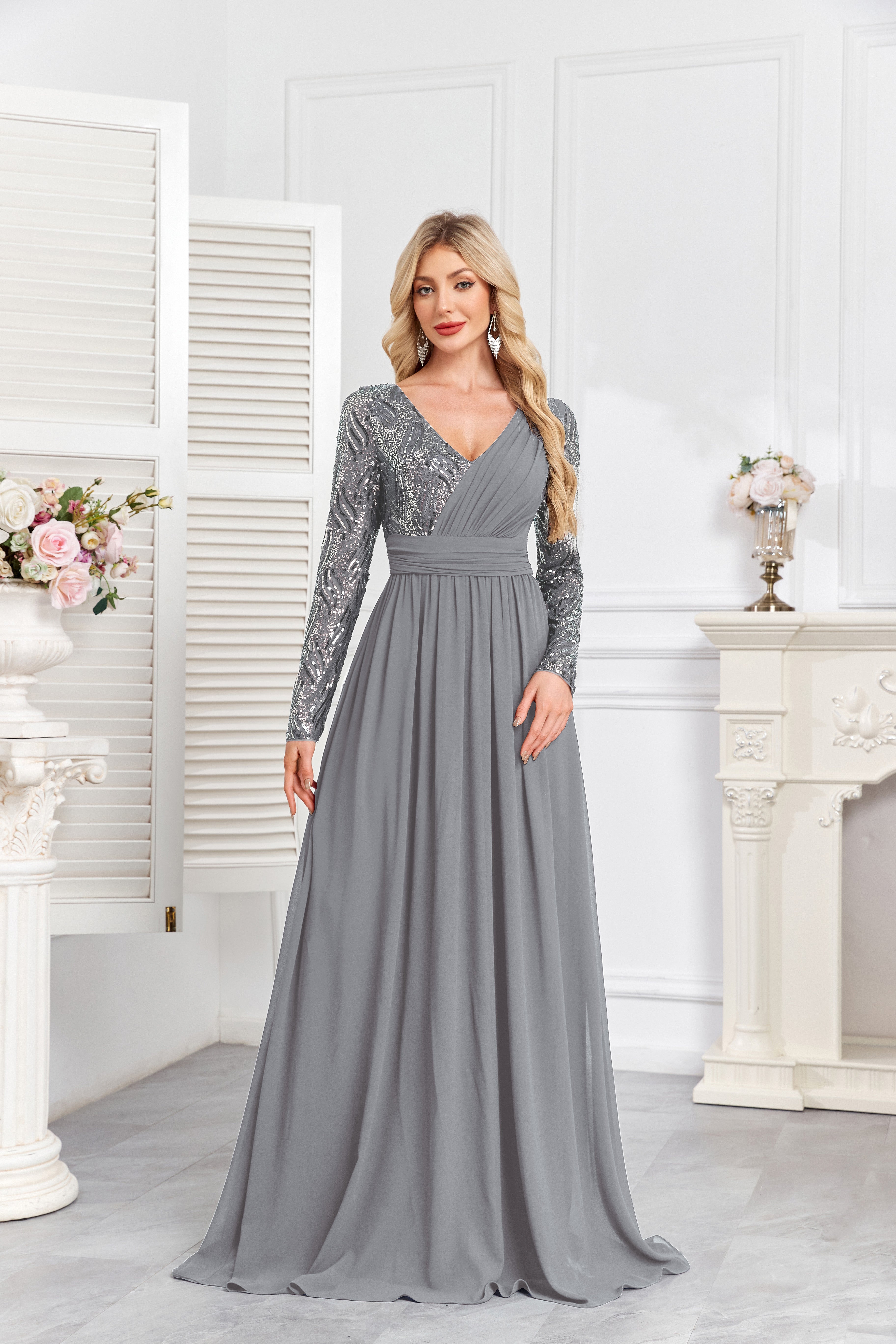 Navy Blue Multicolor Sequin Long Sleeve A‑Line Evening Gown