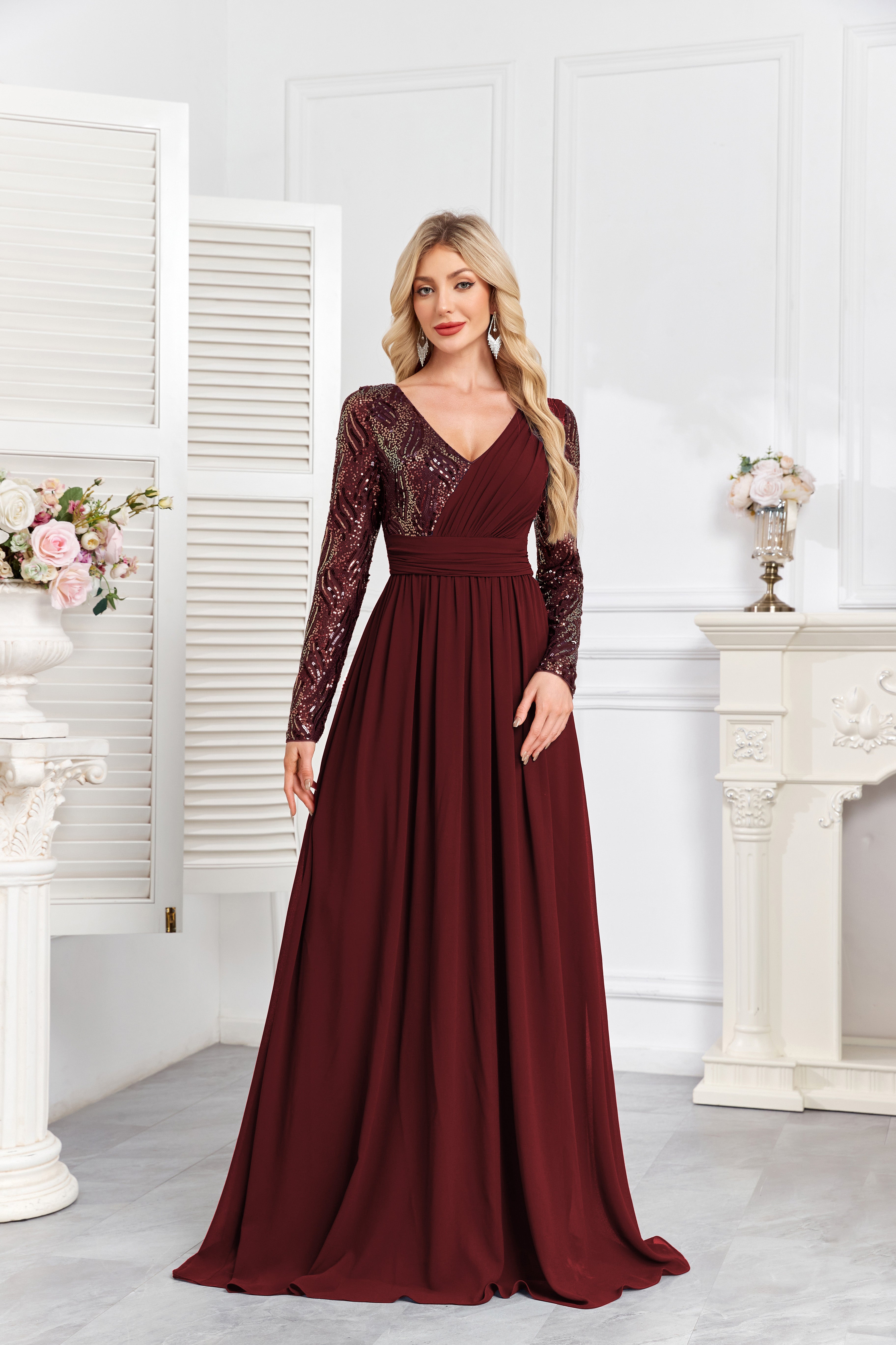 Navy Blue Multicolor Sequin Long Sleeve A‑Line Evening Gown