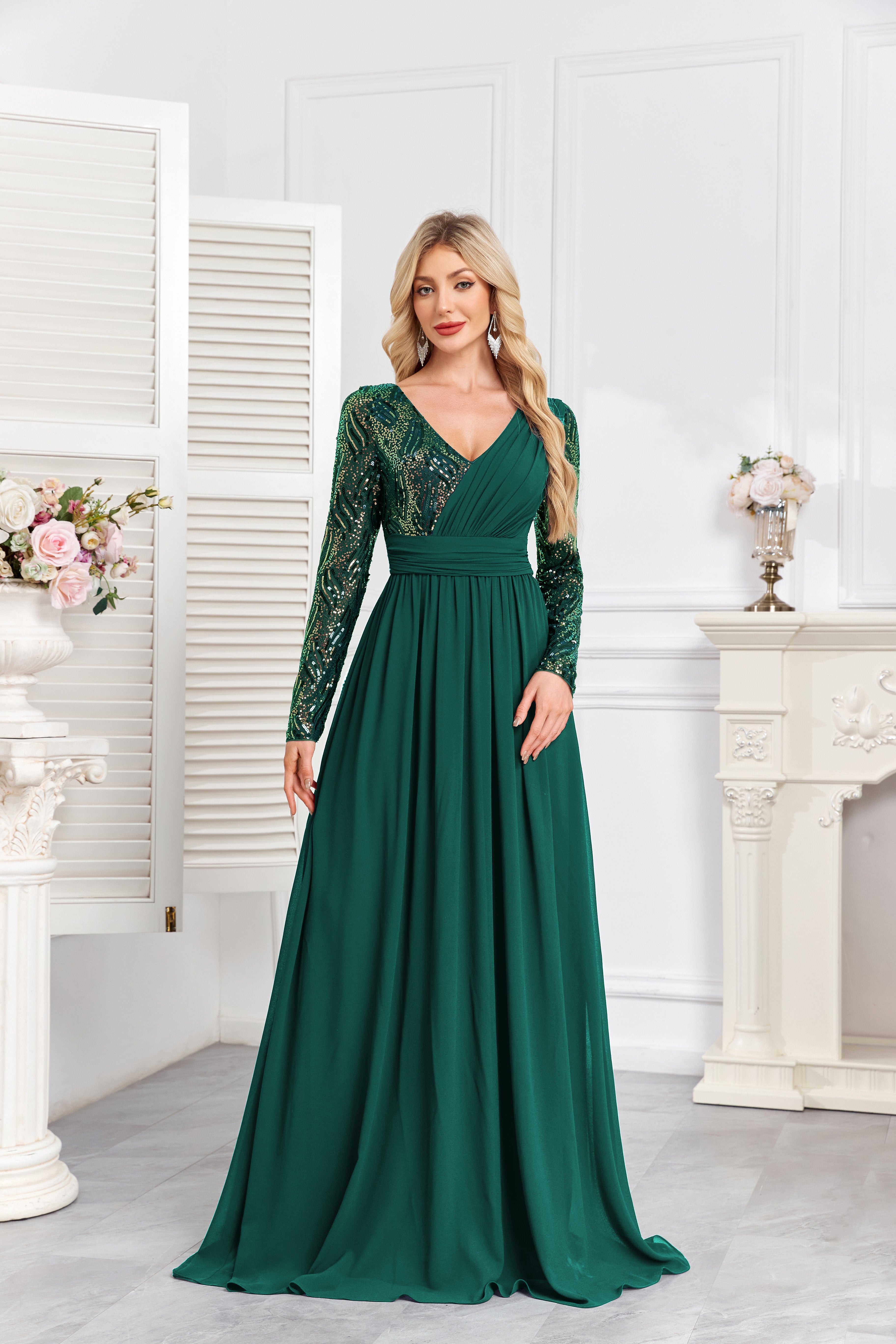 Navy Blue Multicolor Sequin Long Sleeve A‑Line Evening Gown