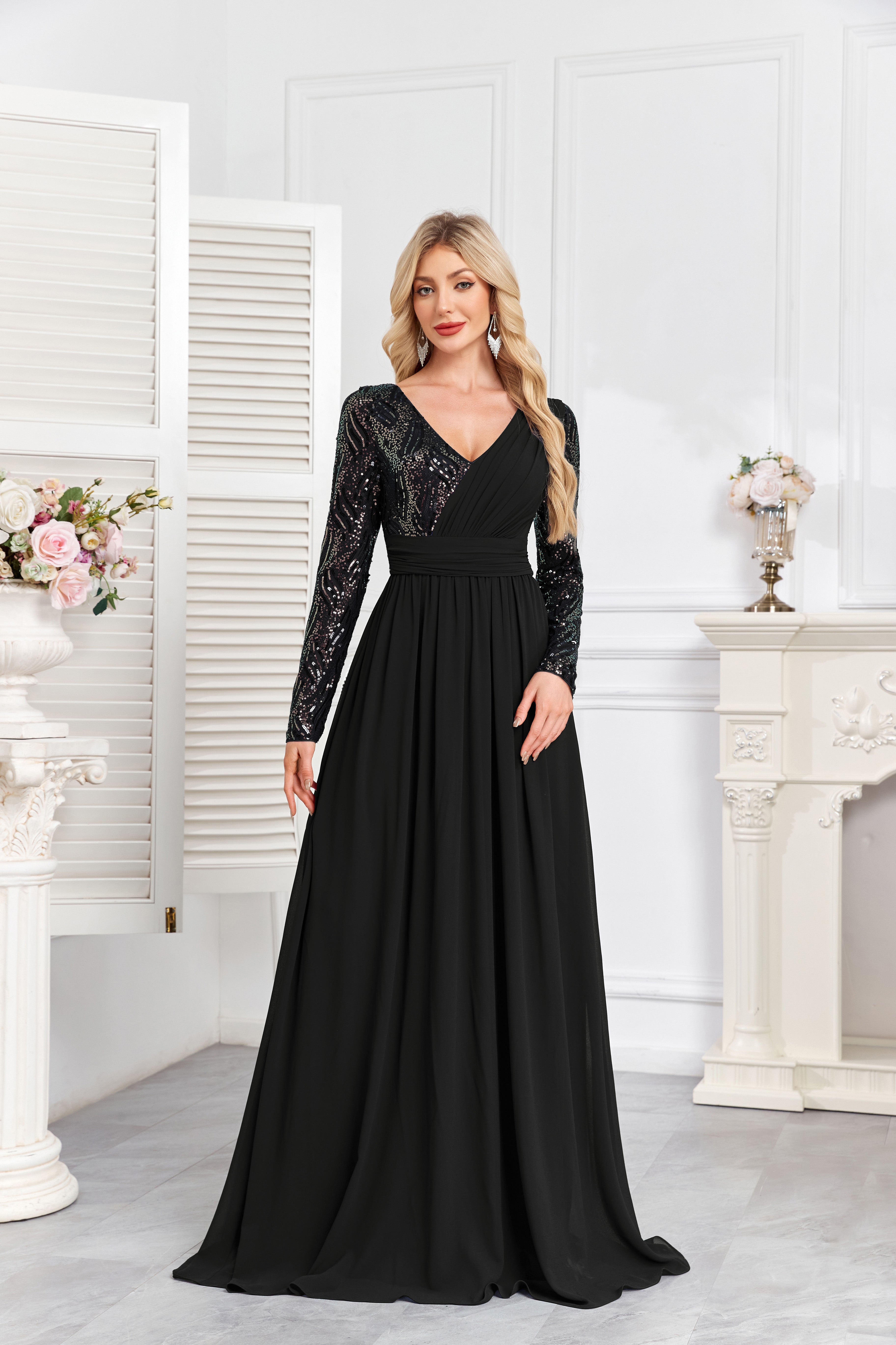Navy Blue Multicolor Sequin Long Sleeve A‑Line Evening Gown
