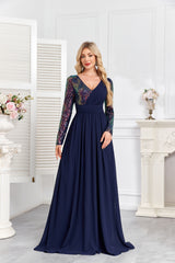 Navy Blue Multicolor Sequin Long Sleeve A‑Line Evening Gown