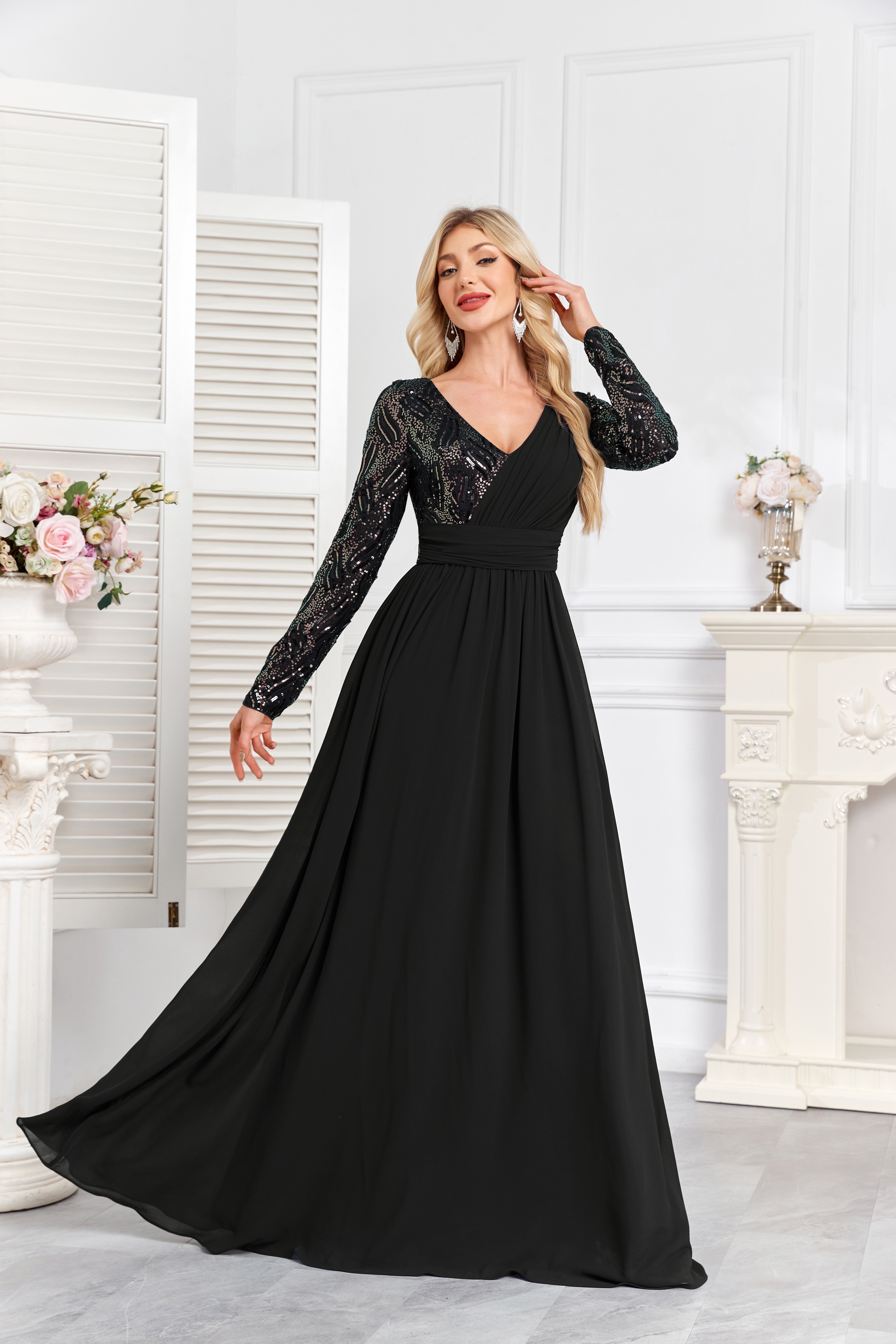 Navy Blue Multicolor Sequin Long Sleeve A‑Line Evening Gown