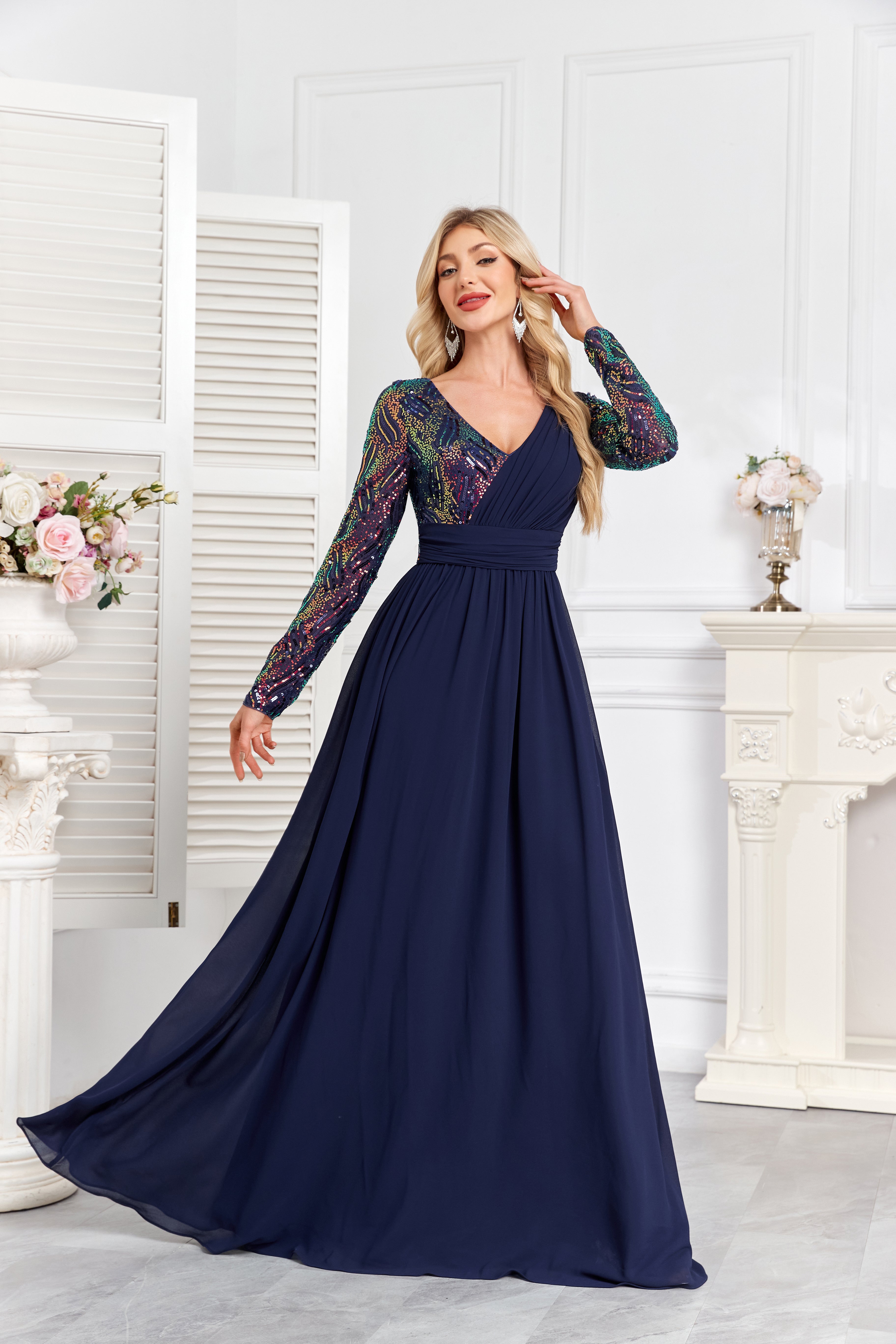 Navy Blue Multicolor Sequin Long Sleeve A‑Line Evening Gown