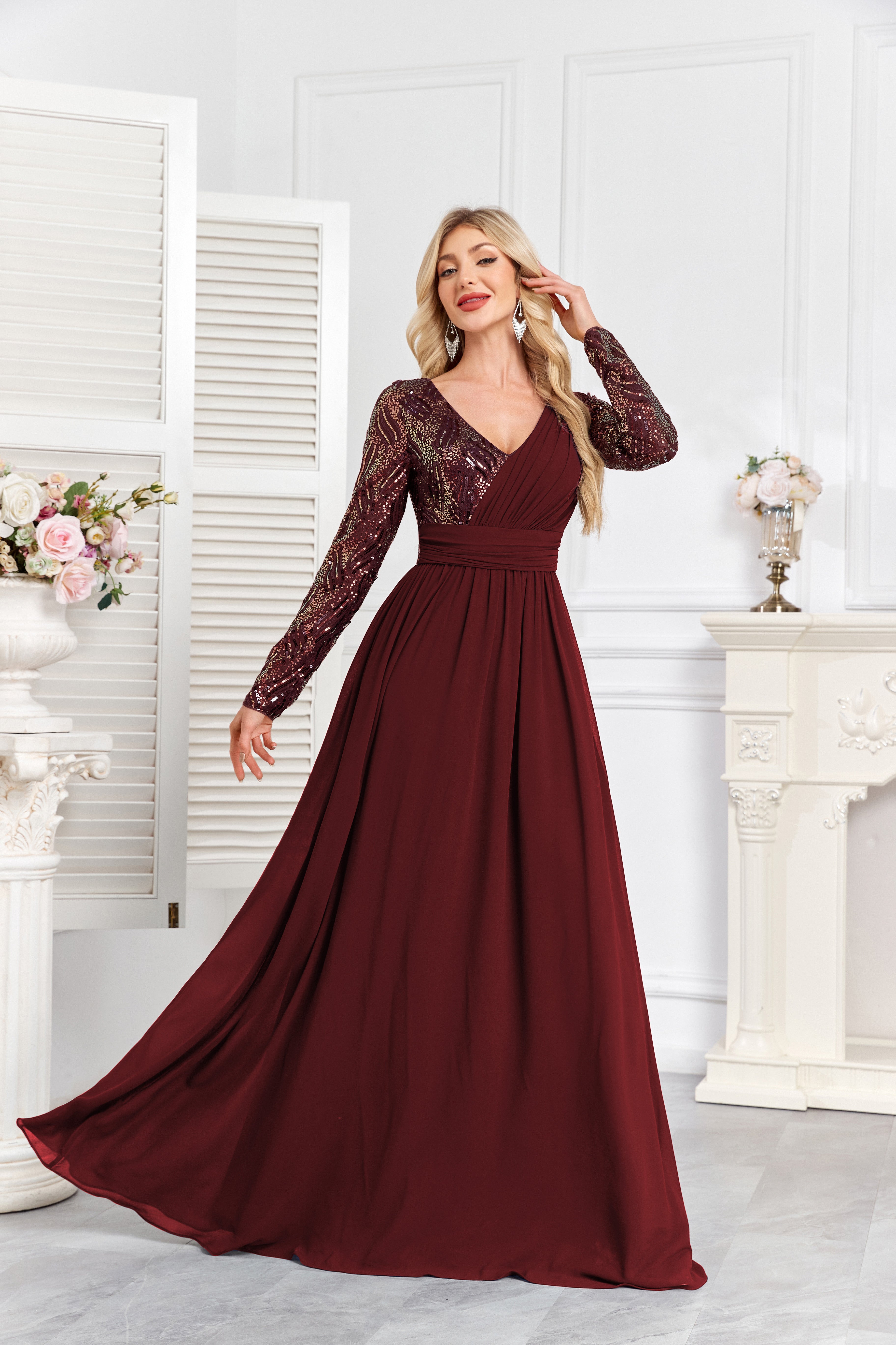 Navy Blue Multicolor Sequin Long Sleeve A‑Line Evening Gown