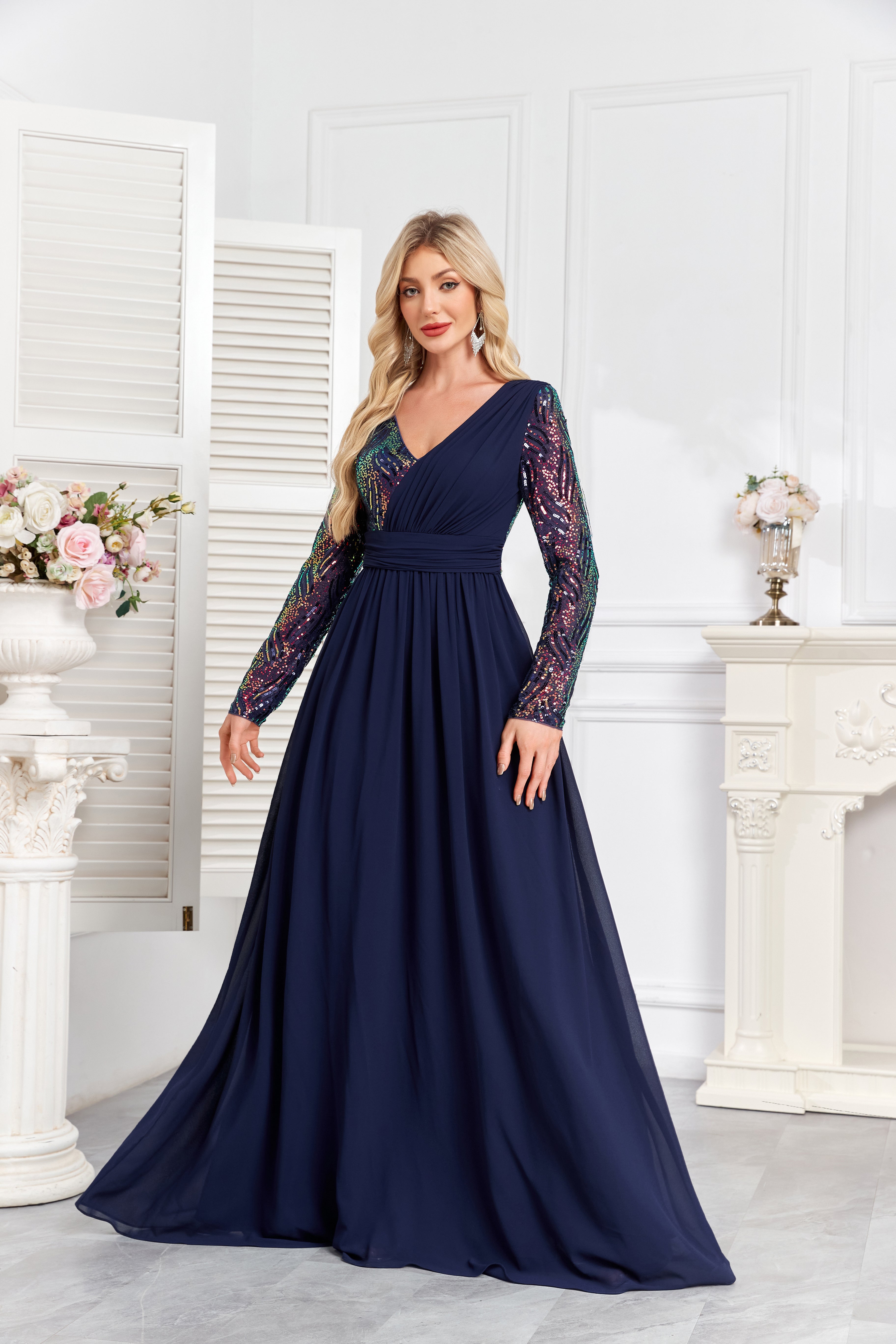 Navy Blue Multicolor Sequin Long Sleeve A‑Line Evening Gown