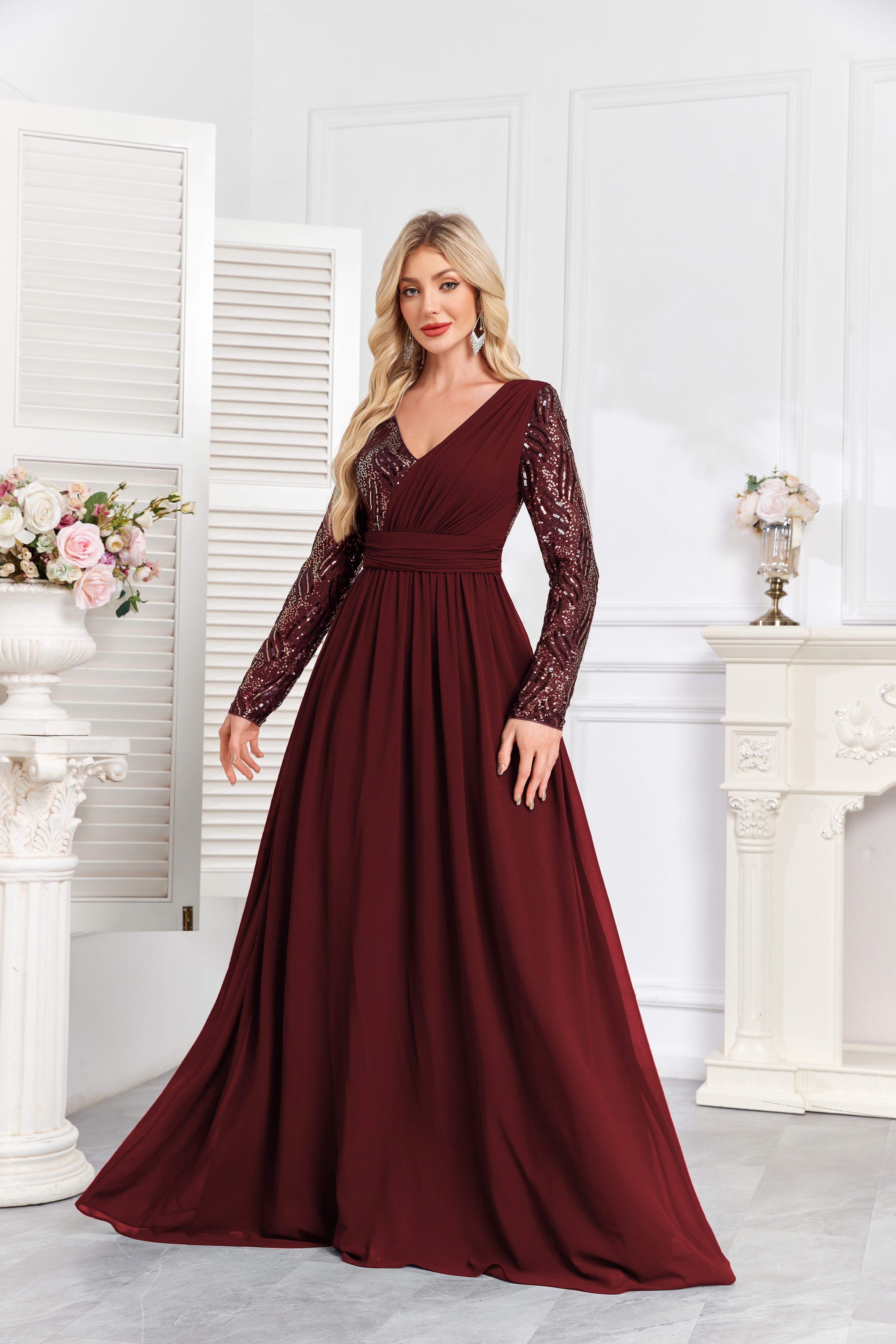 Navy Blue Multicolor Sequin Long Sleeve A‑Line Evening Gown