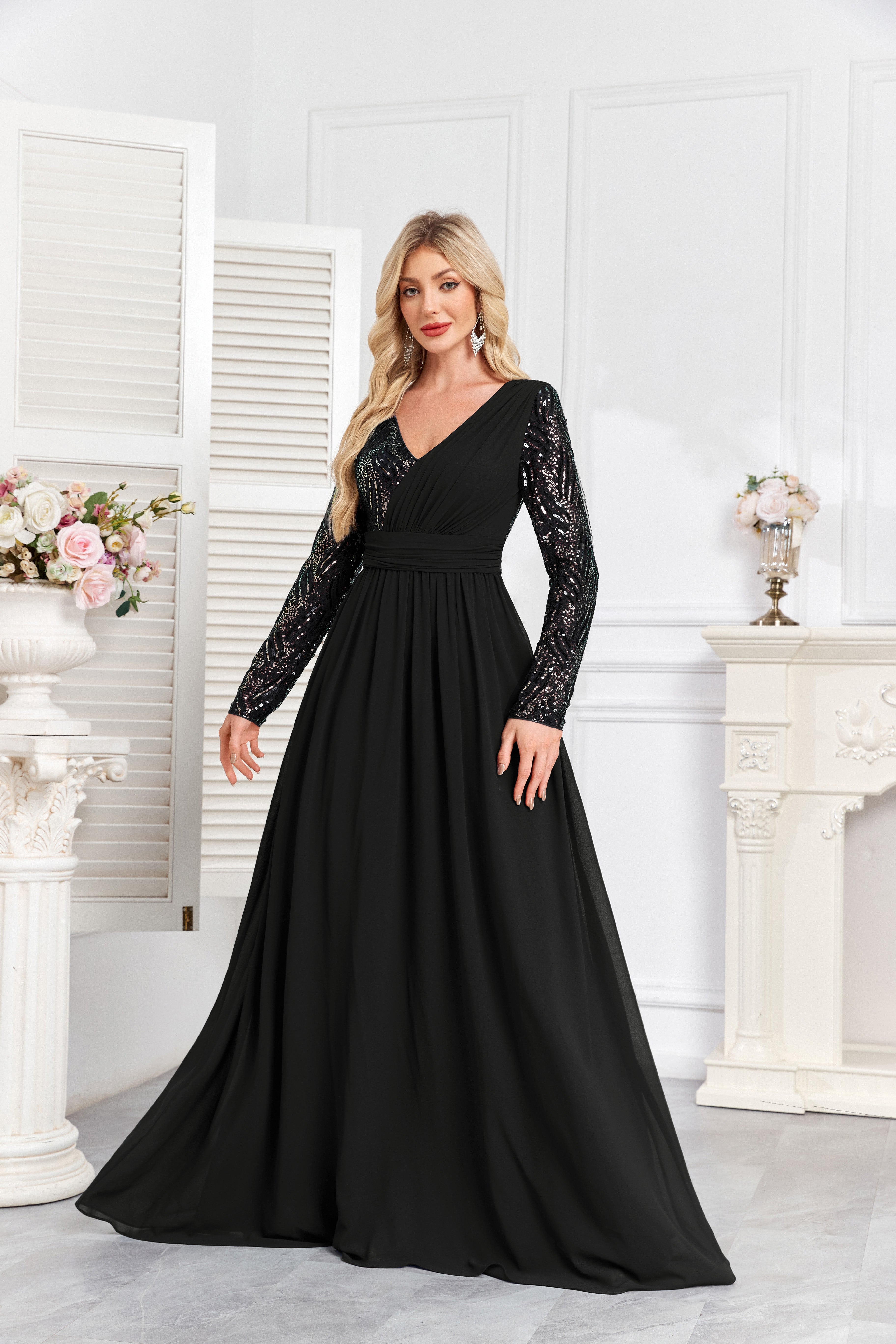 Navy Blue Multicolor Sequin Long Sleeve A‑Line Evening Gown