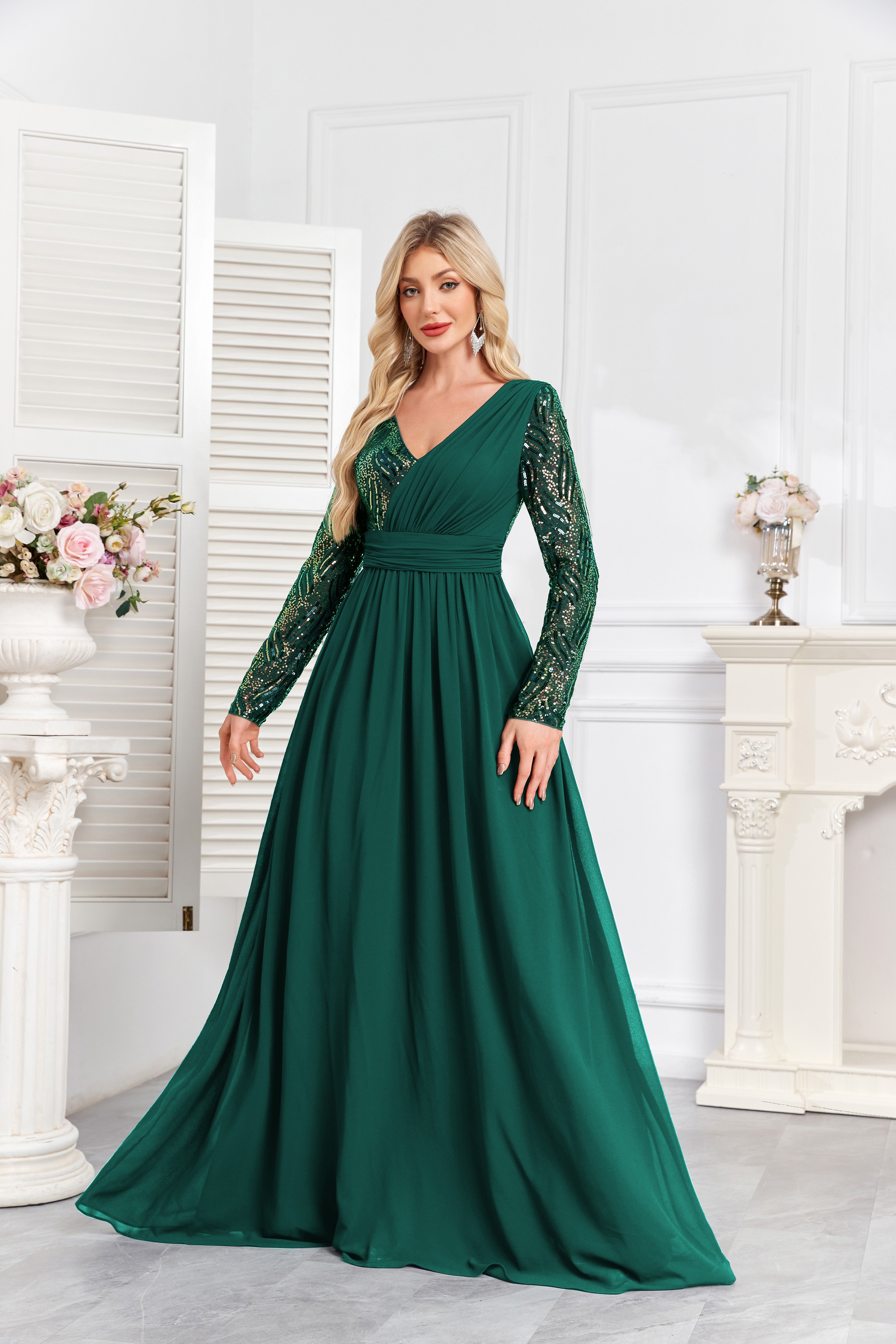 Navy Blue Multicolor Sequin Long Sleeve A‑Line Evening Gown