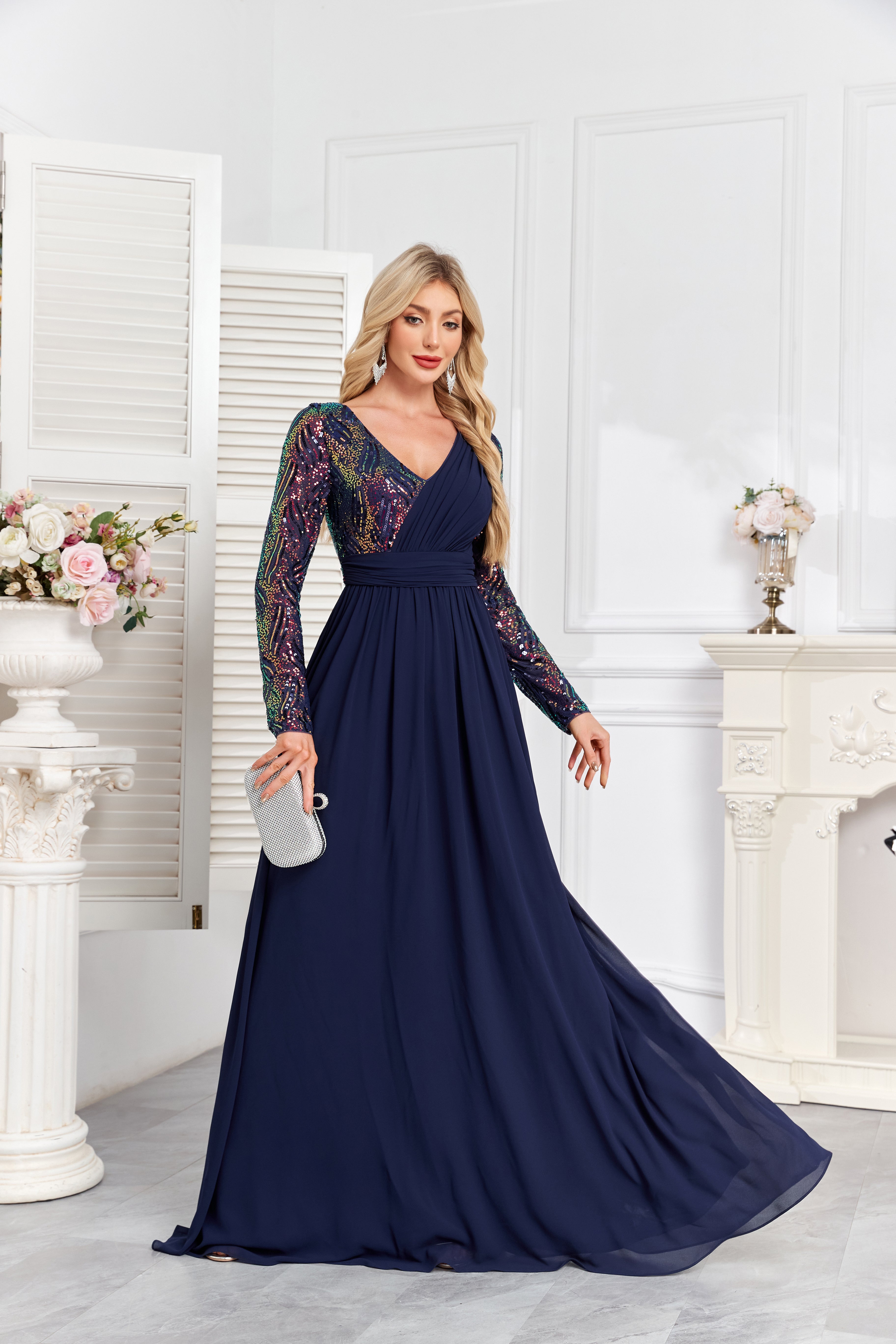 Navy Blue Multicolor Sequin Long Sleeve A‑Line Evening Gown