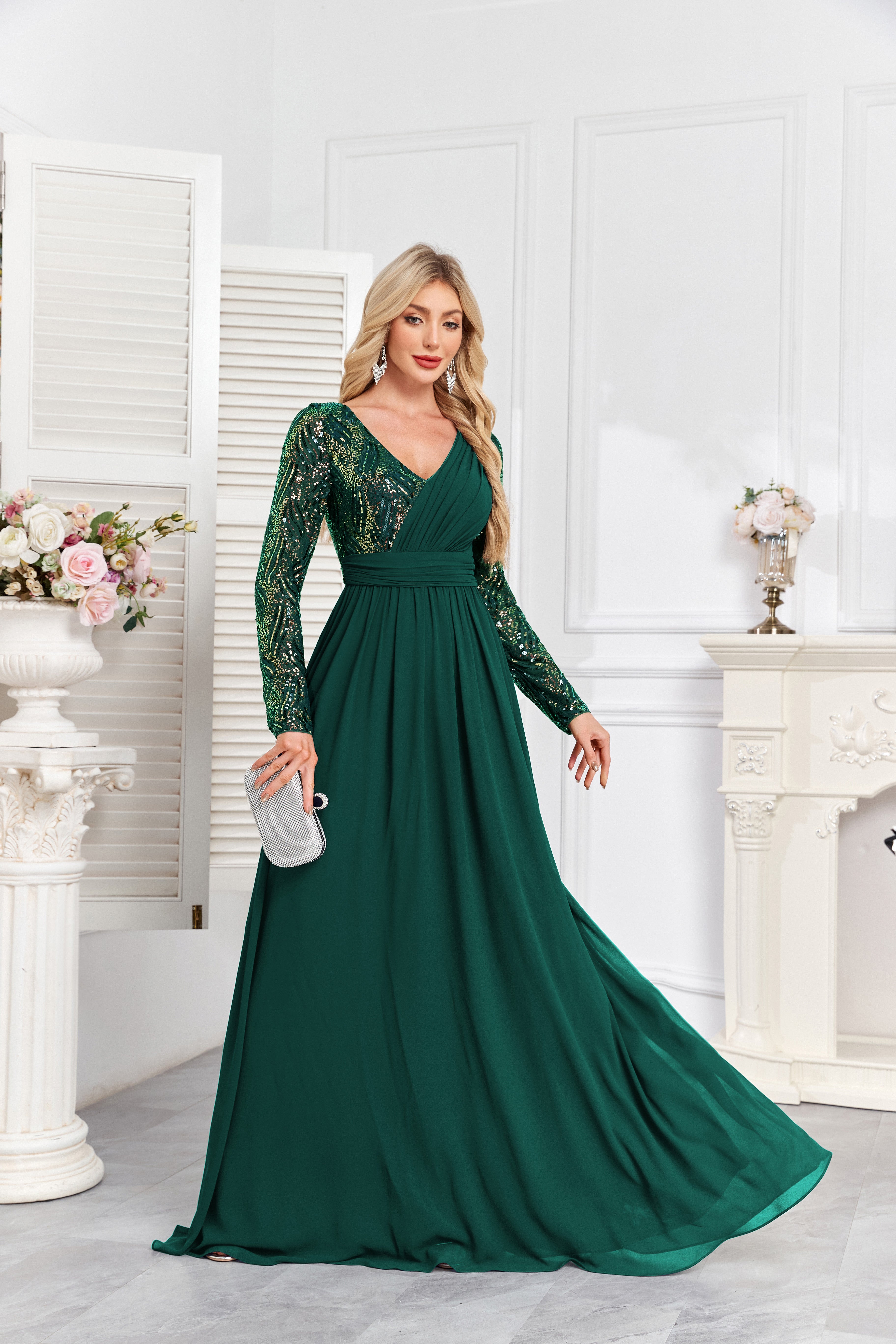 Navy Blue Multicolor Sequin Long Sleeve A‑Line Evening Gown