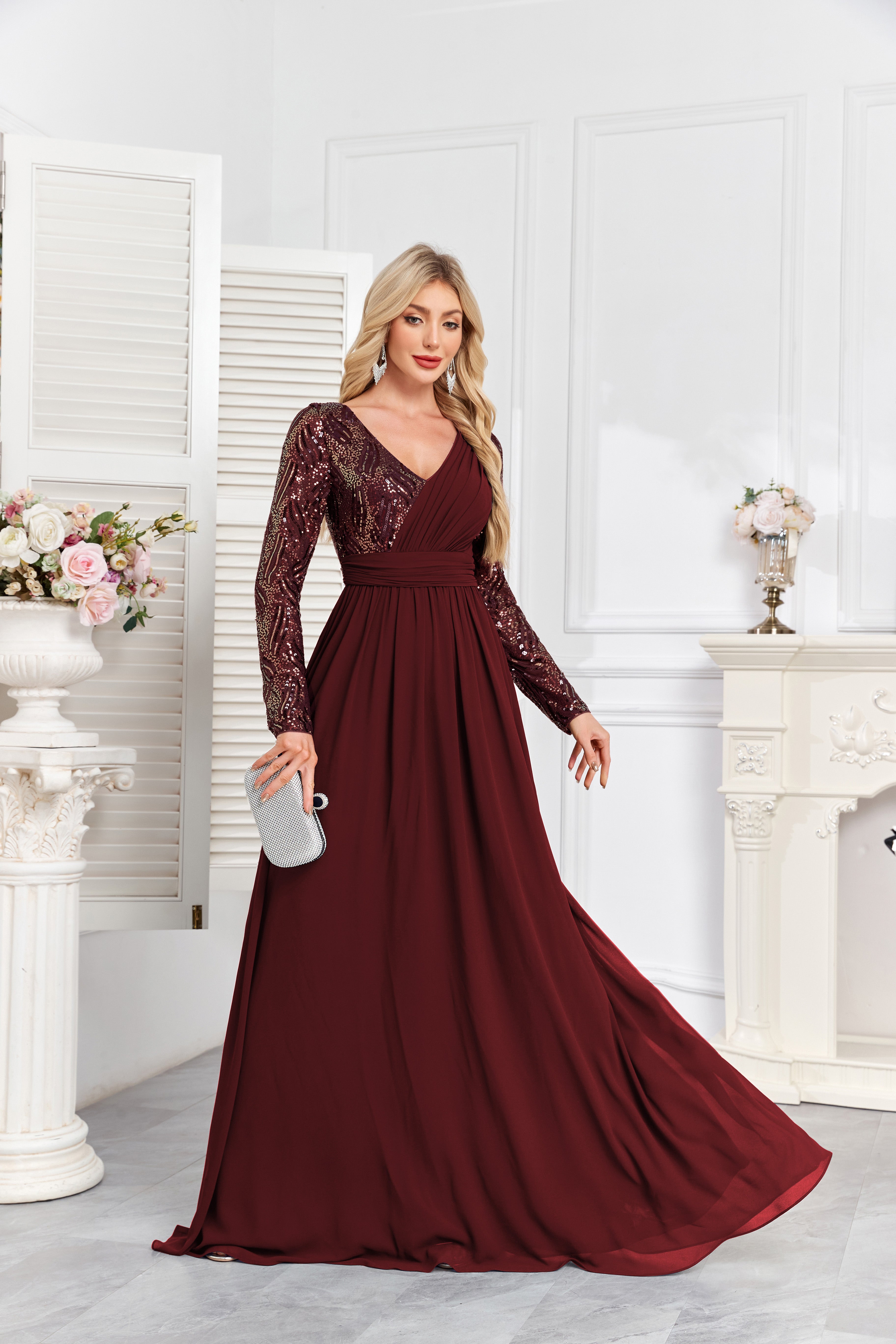 Navy Blue Multicolor Sequin Long Sleeve A‑Line Evening Gown