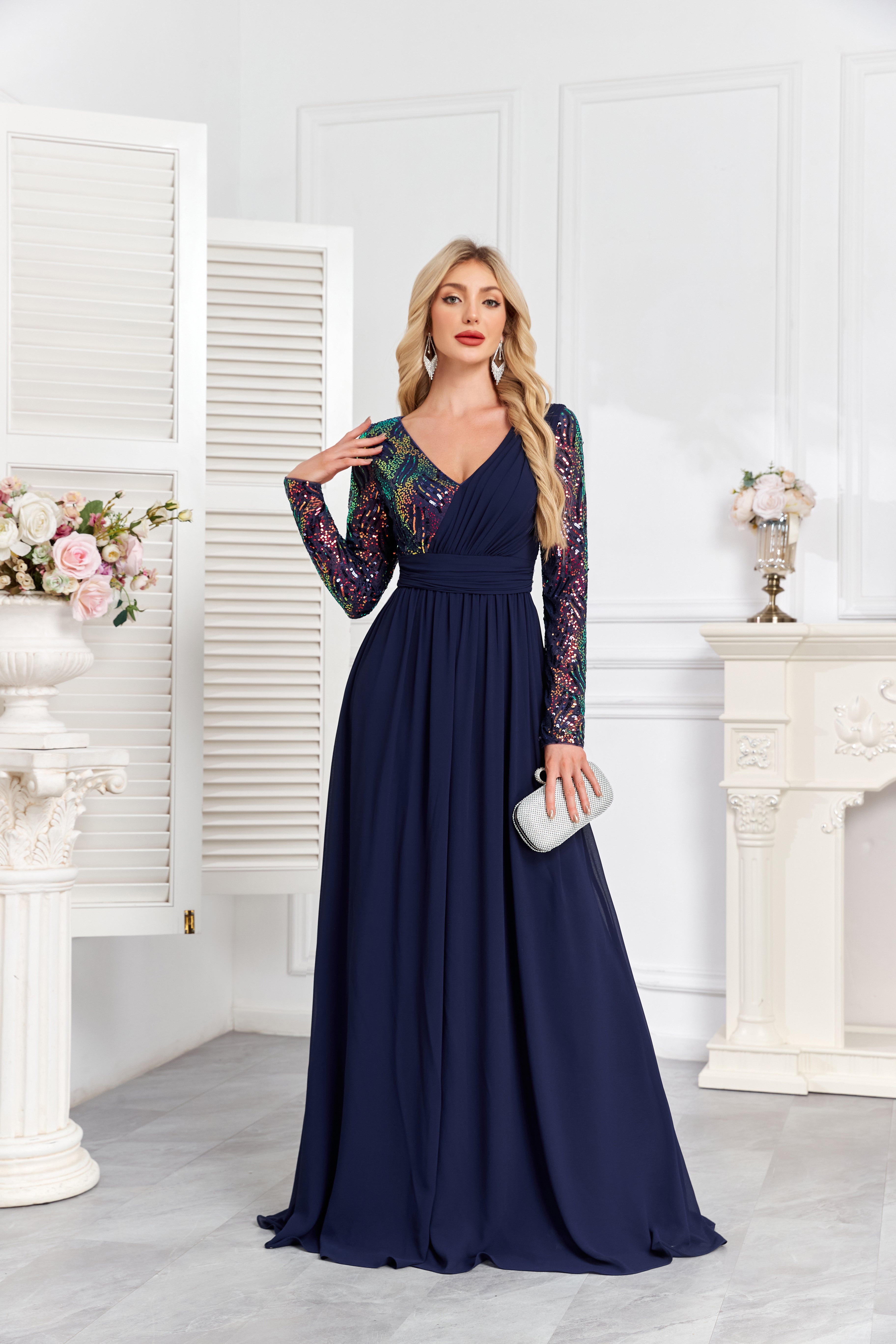 Navy Blue Multicolor Sequin Long Sleeve A‑Line Evening Gown