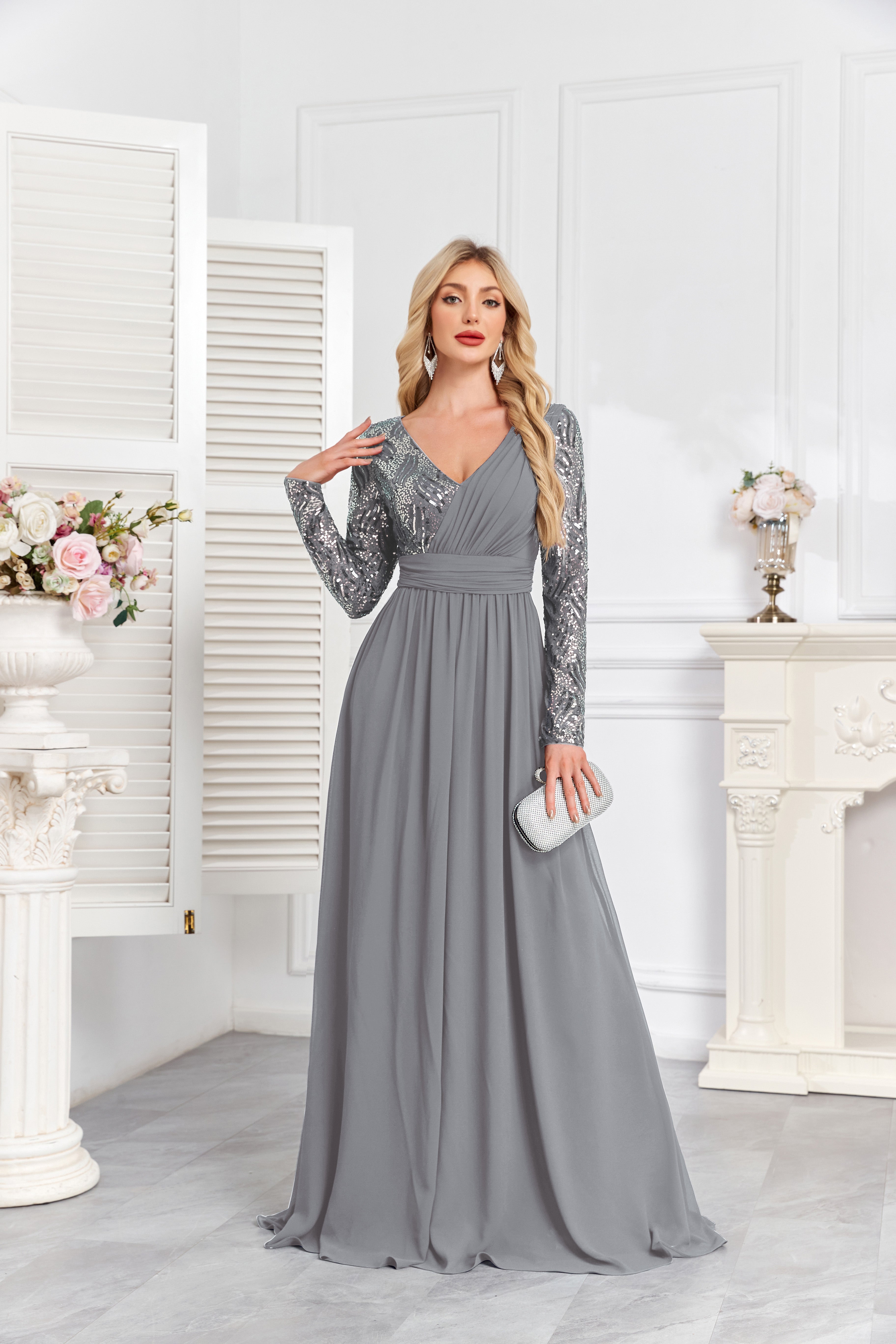 Navy Blue Multicolor Sequin Long Sleeve A‑Line Evening Gown