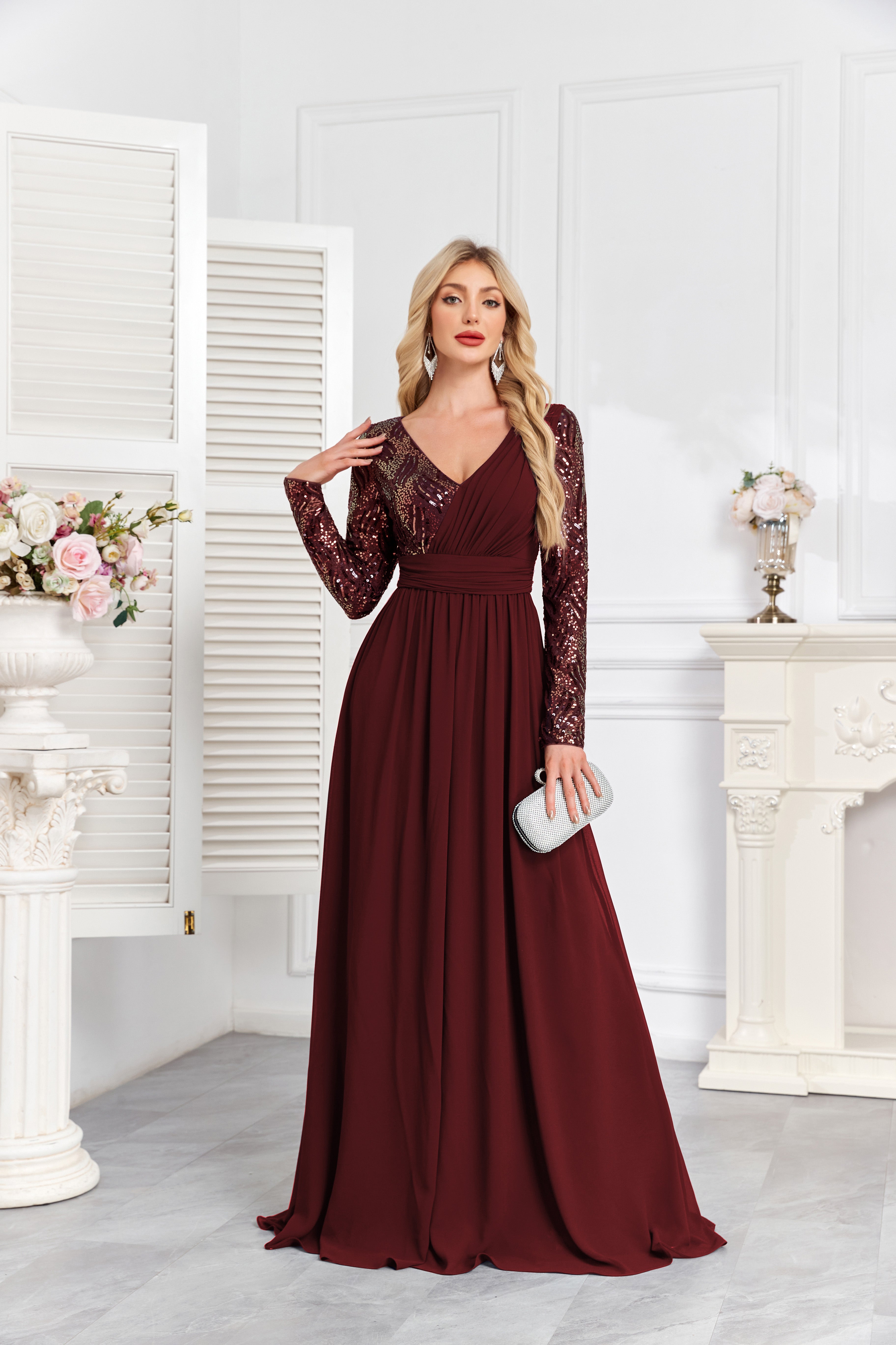 Navy Blue Multicolor Sequin Long Sleeve A‑Line Evening Gown