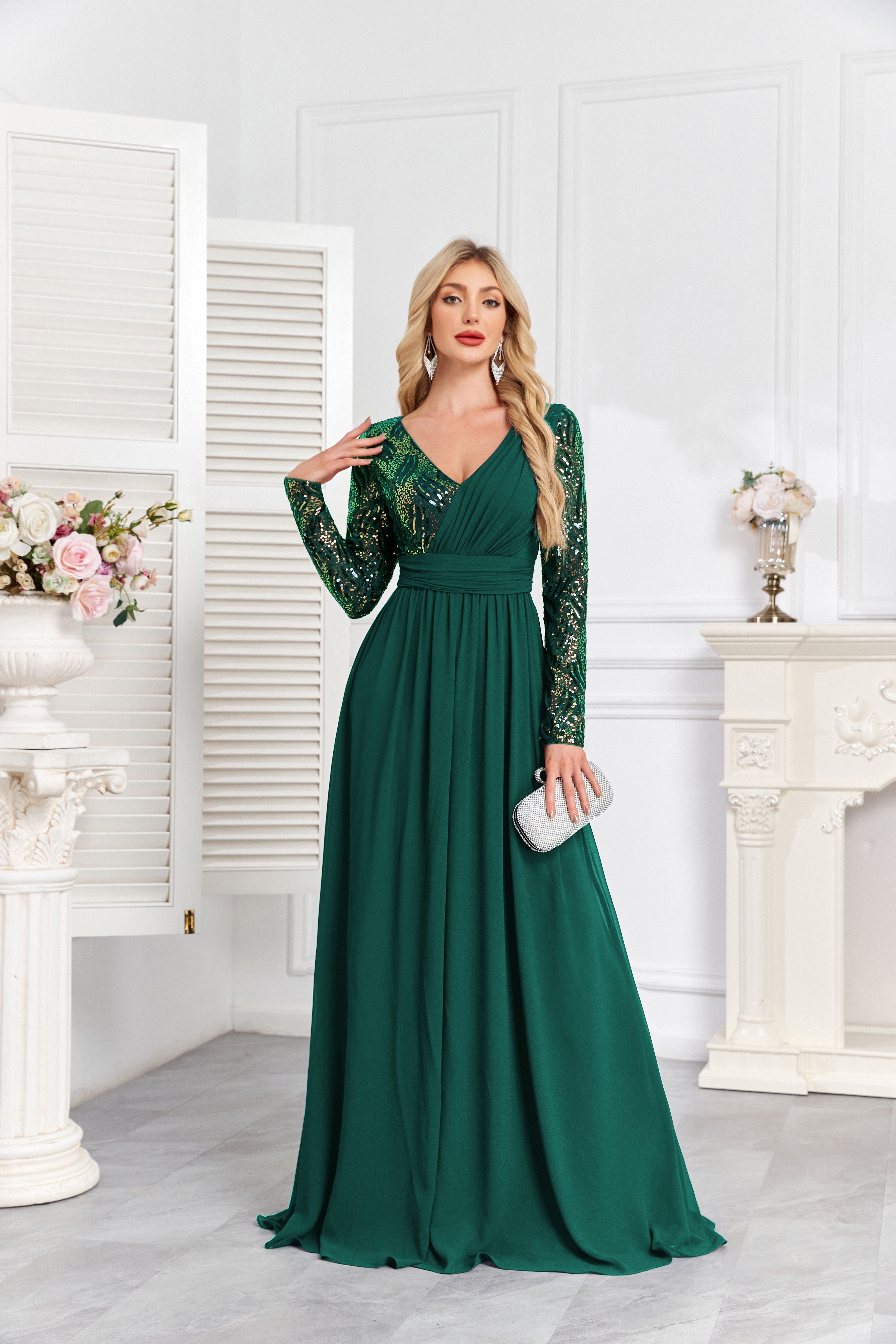 Navy Blue Multicolor Sequin Long Sleeve A‑Line Evening Gown