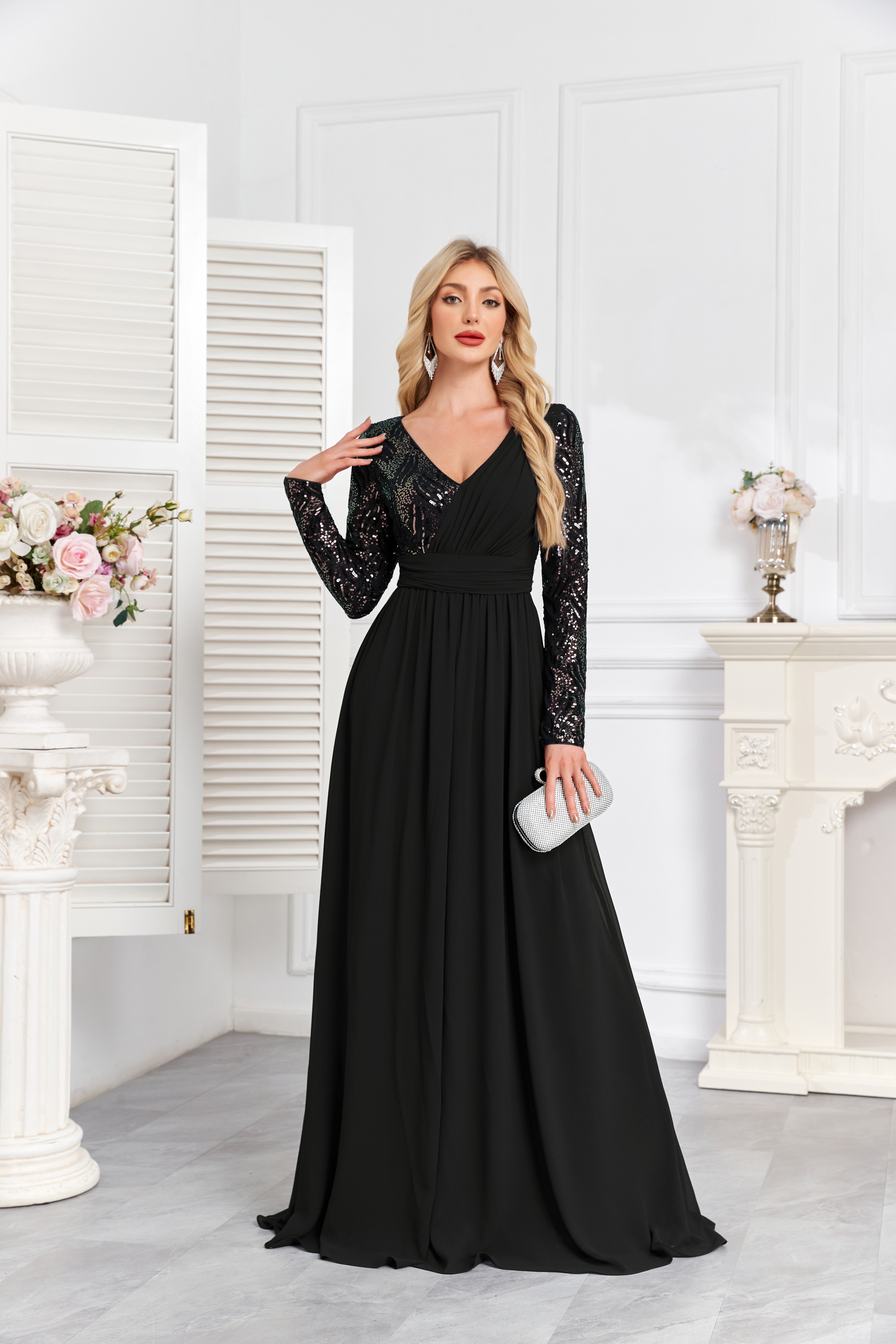 Navy Blue Multicolor Sequin Long Sleeve A‑Line Evening Gown