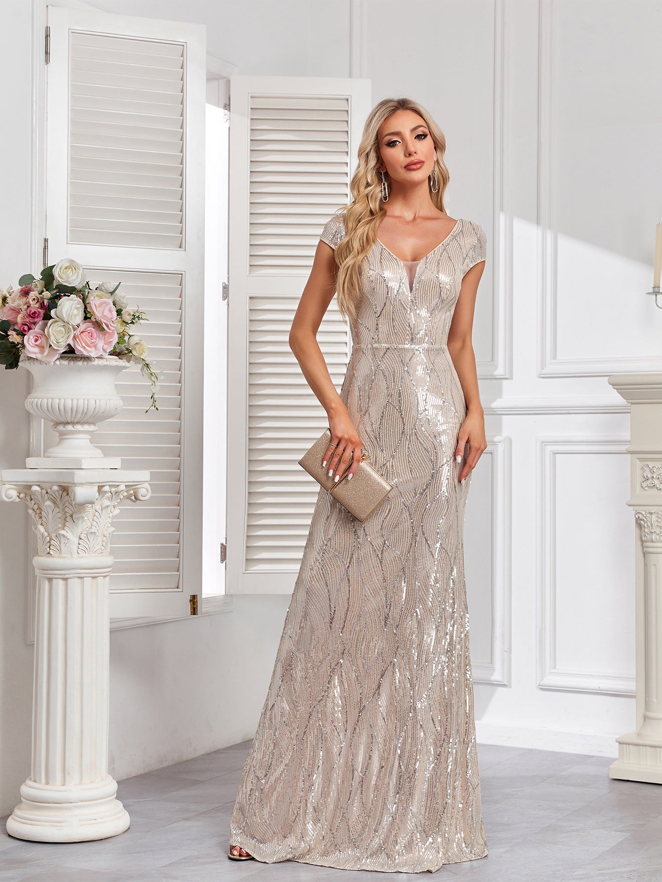 Embroidered Sequin Gown with Double V-Neck and Cap Sleeves | XUIBOL
