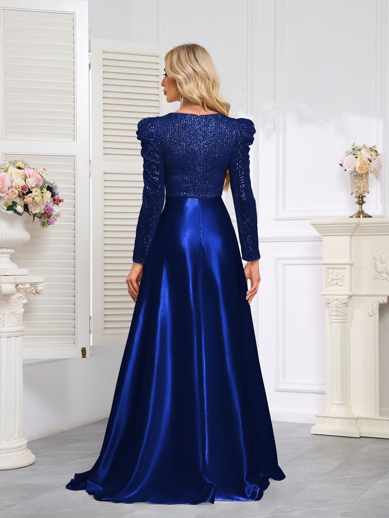 Dark Blue Satin Sequin Maxi Dress