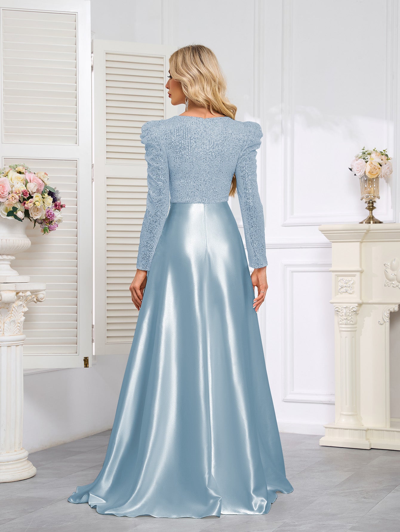 Dark Blue Satin Sequin Maxi Dress