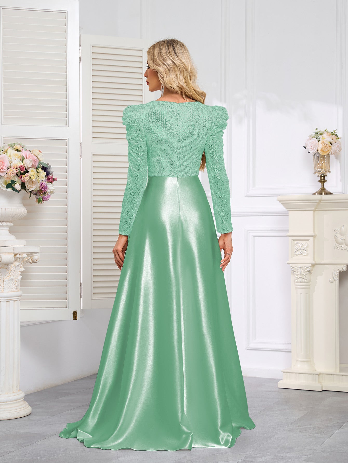 Dark Blue Satin Sequin Maxi Dress