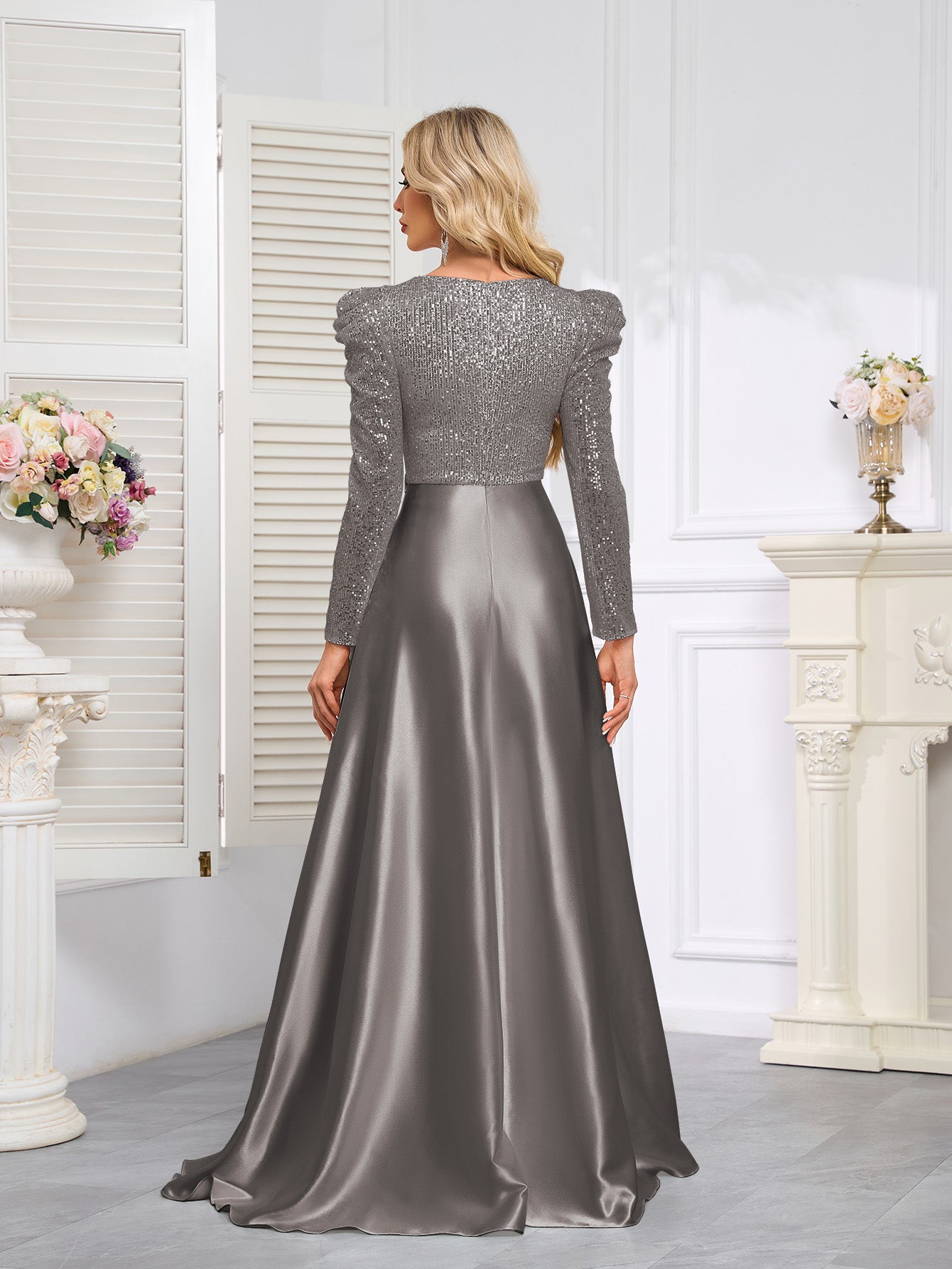 Dark Blue Satin Sequin Maxi Dress