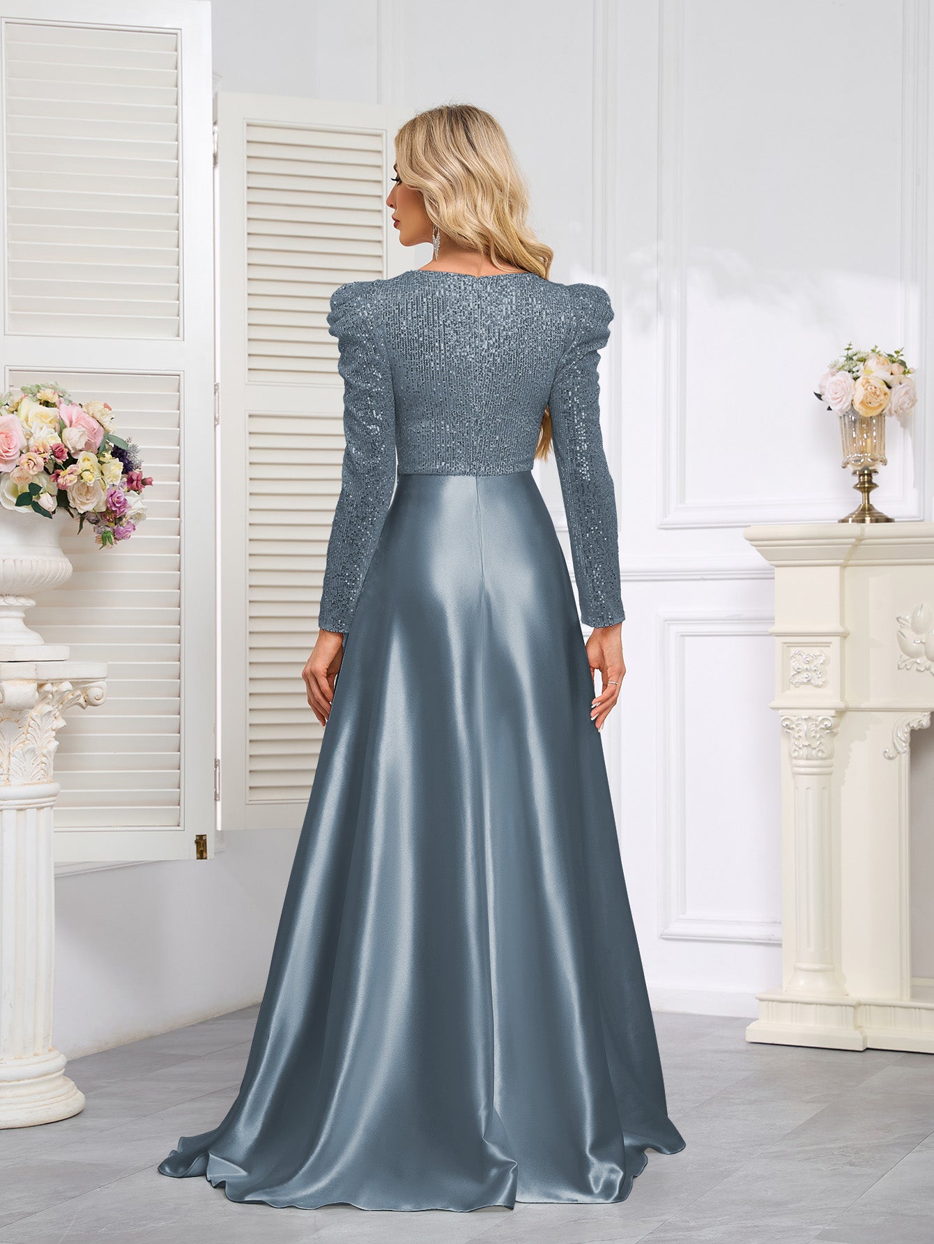 Dark Blue Satin Sequin Maxi Dress