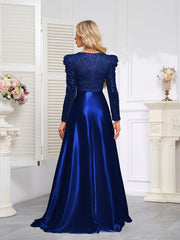 Dark Blue Satin Sequin Maxi Dress