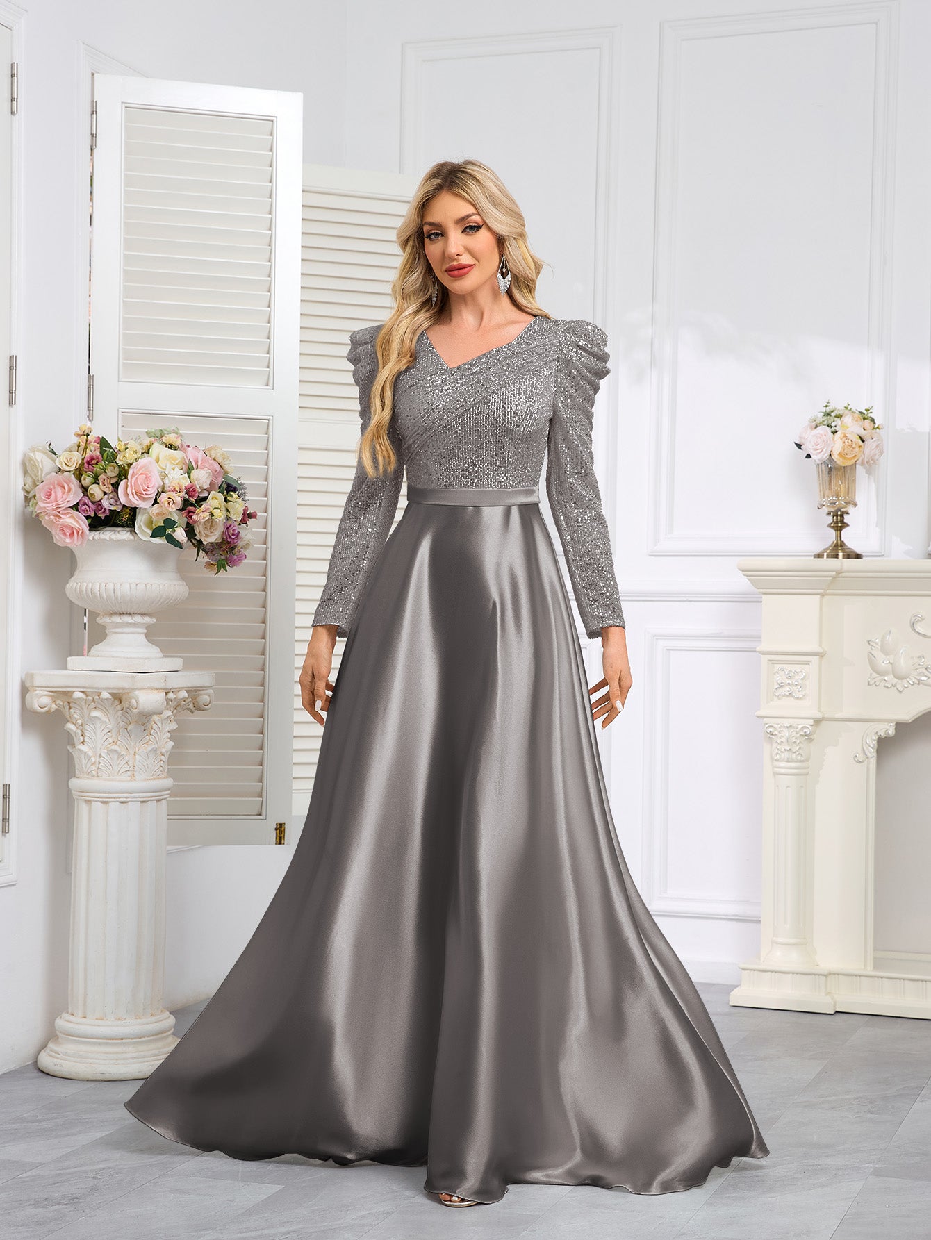 Dark Blue Satin Sequin Maxi Dress