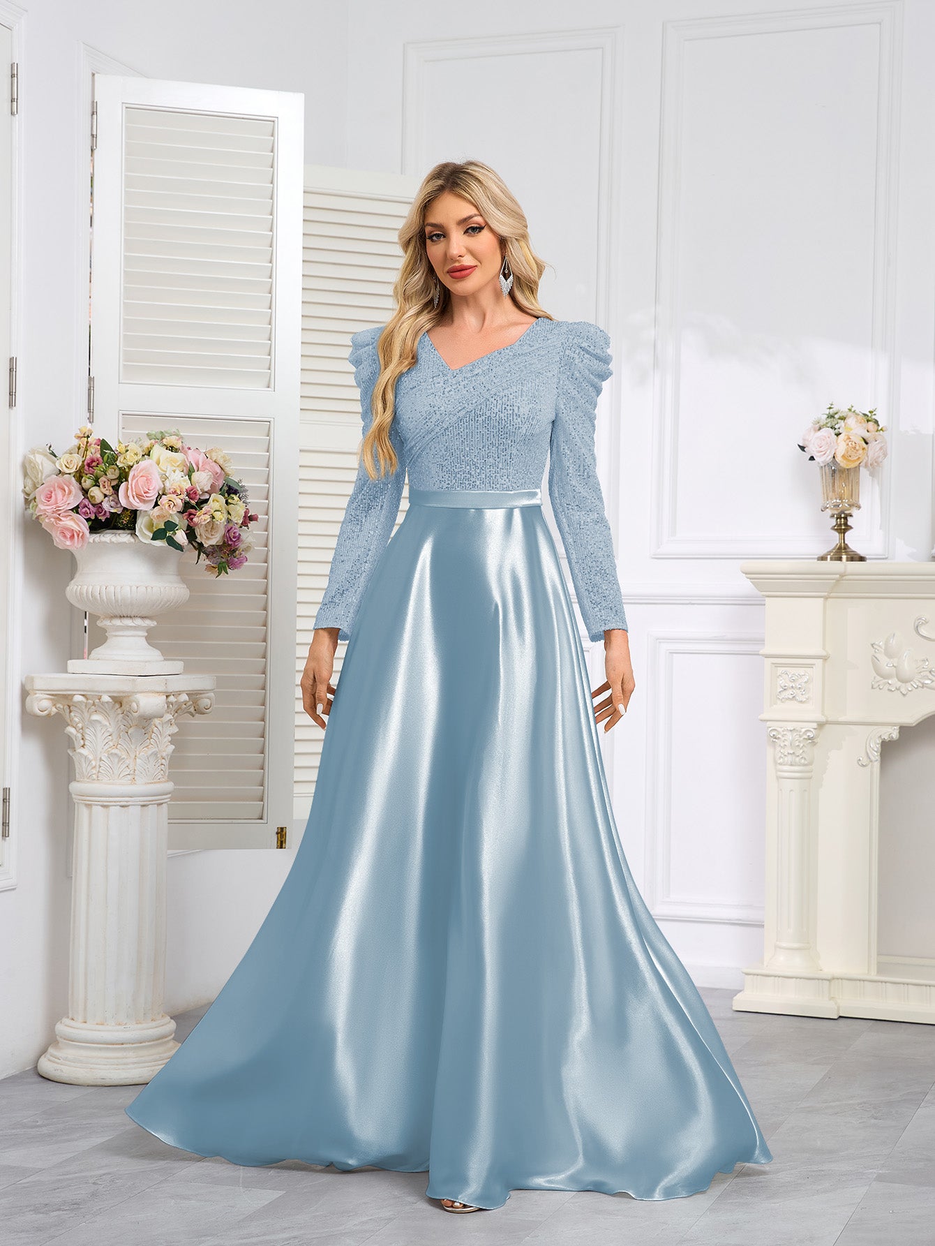 Dark Blue Satin Sequin Maxi Dress