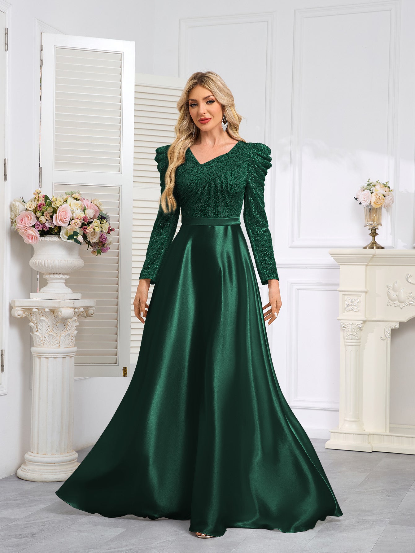 Dark Blue Satin Sequin Maxi Dress