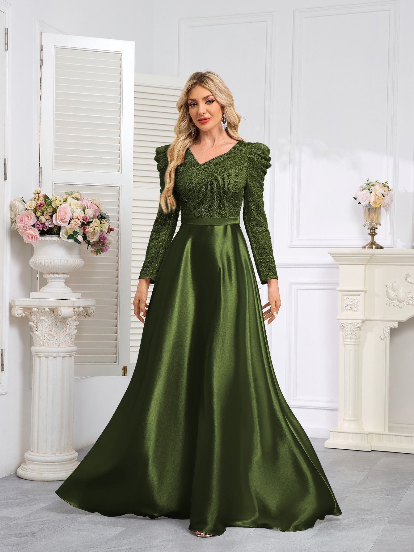 Dark Blue Satin Sequin Maxi Dress