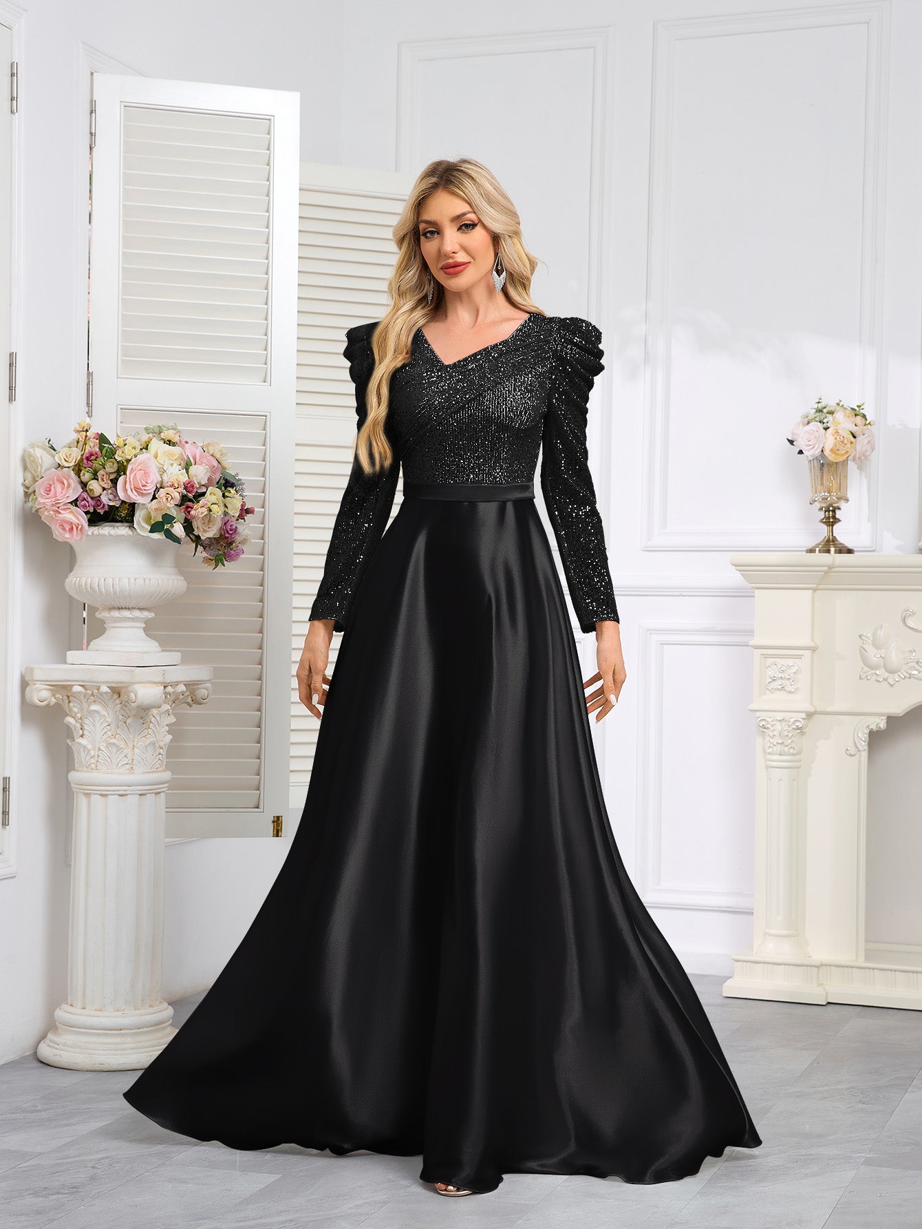 Dark Blue Satin Sequin Maxi Dress