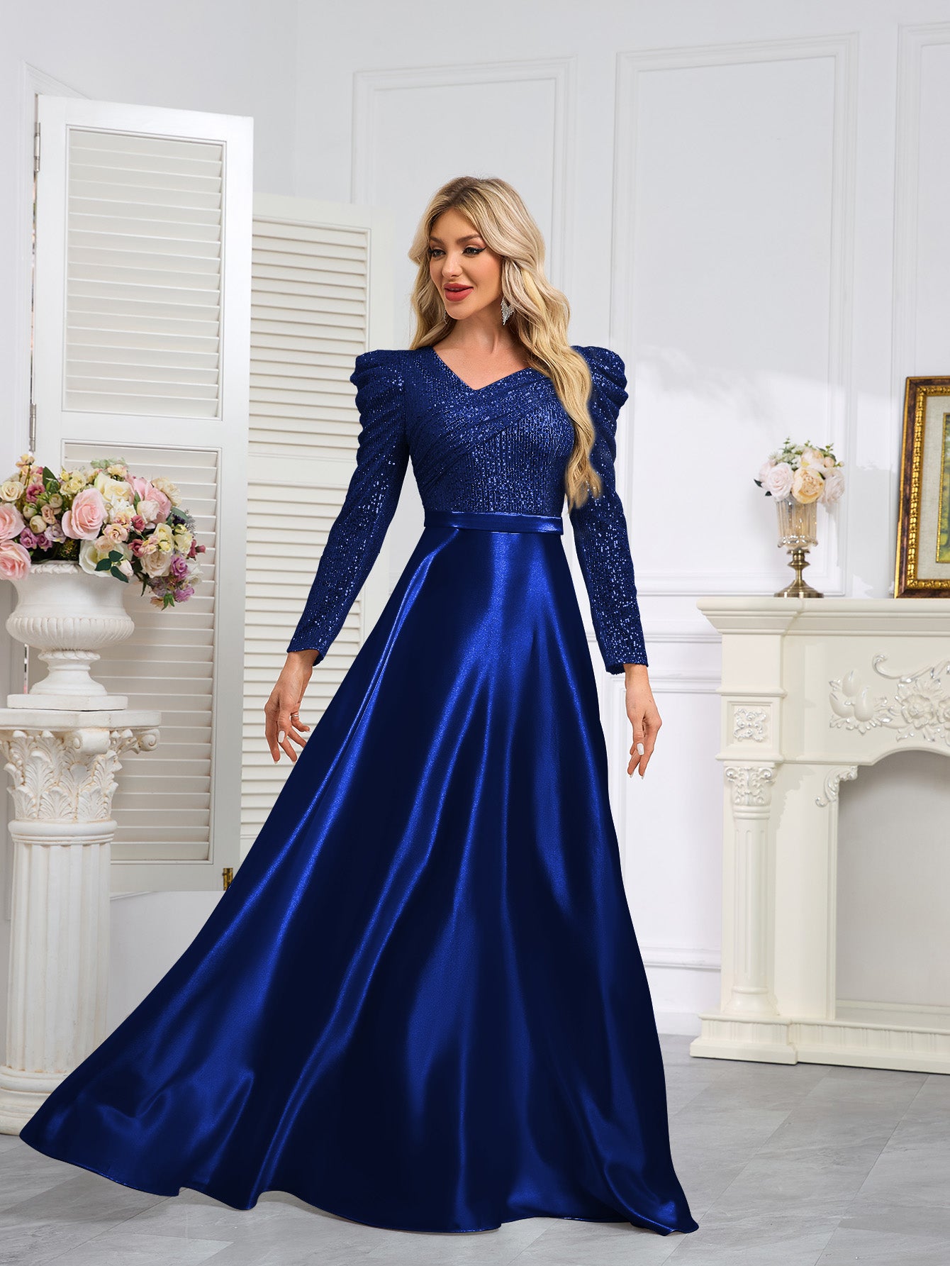 Dark Blue Satin Sequin Maxi Dress