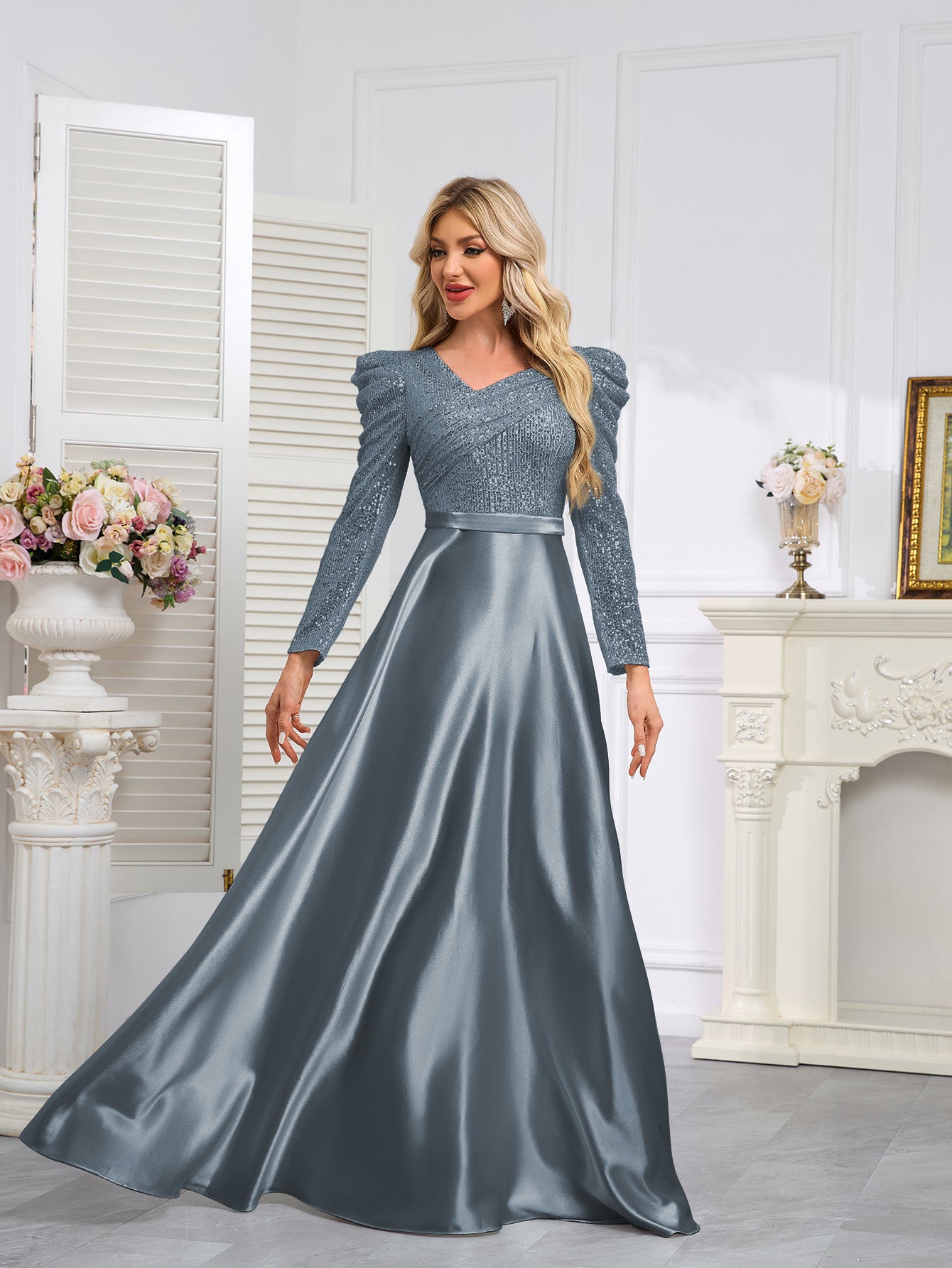 Dark Blue Satin Sequin Maxi Dress
