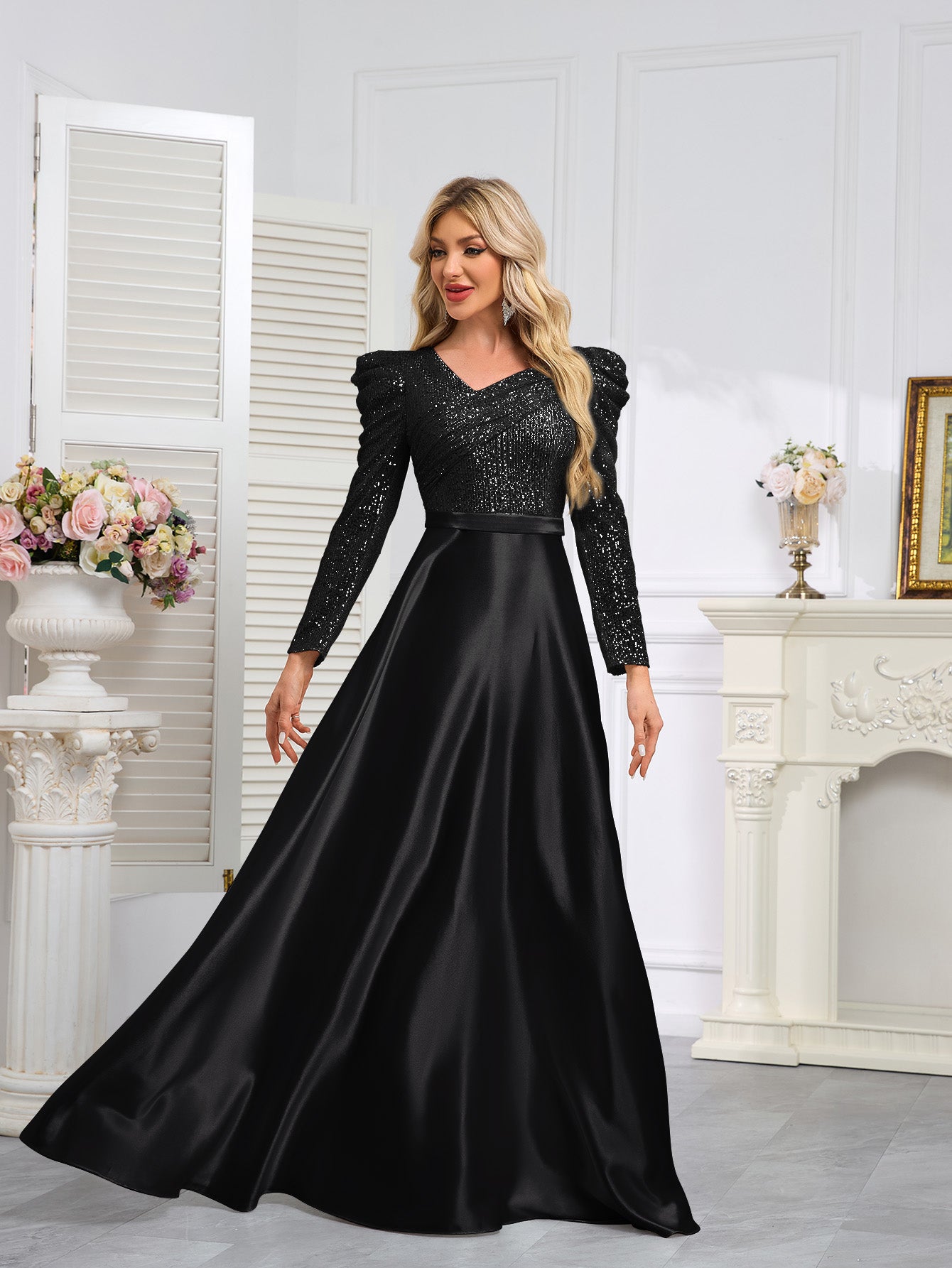 Dark Blue Satin Sequin Maxi Dress