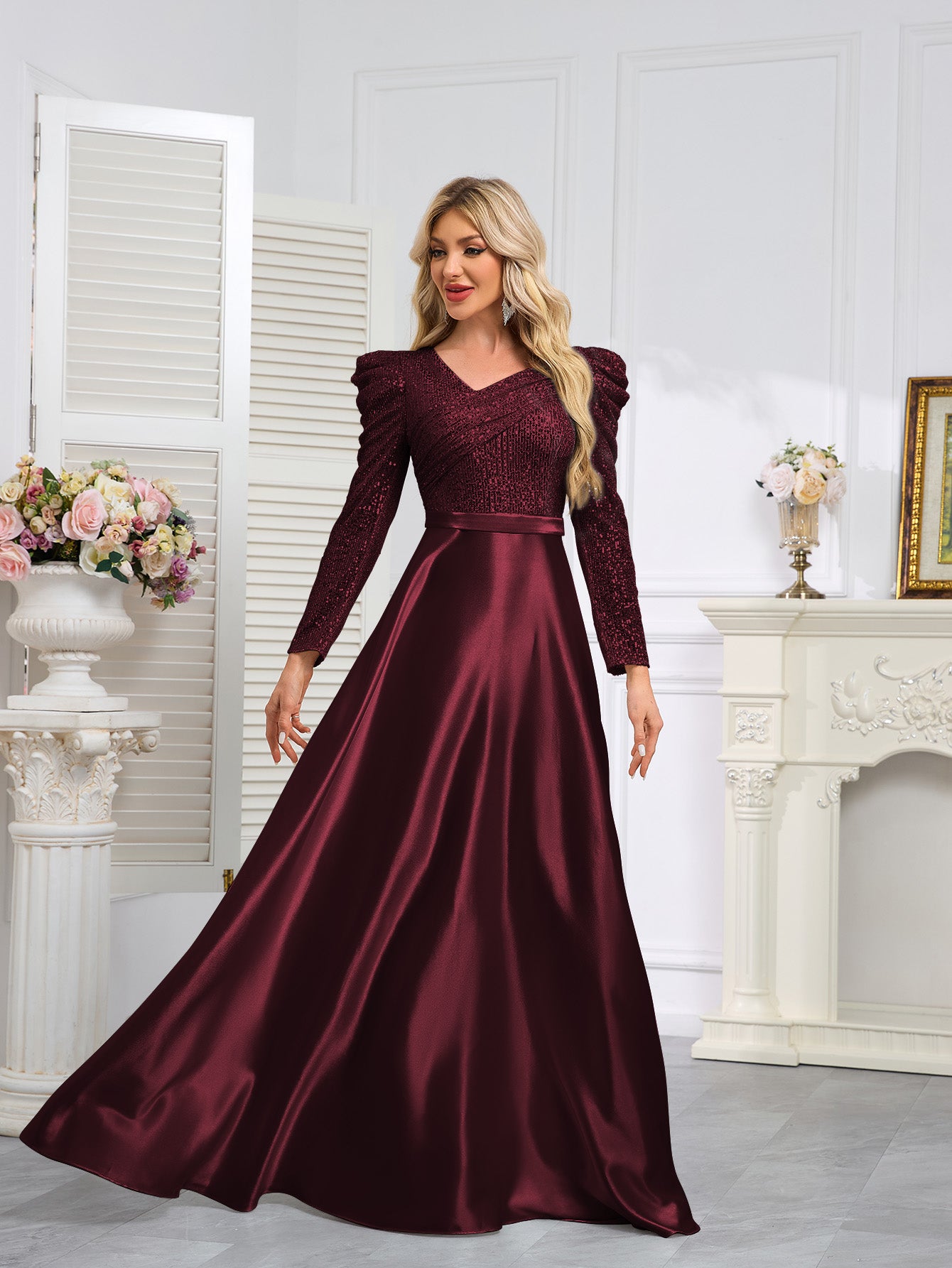 Dark Blue Satin Sequin Maxi Dress