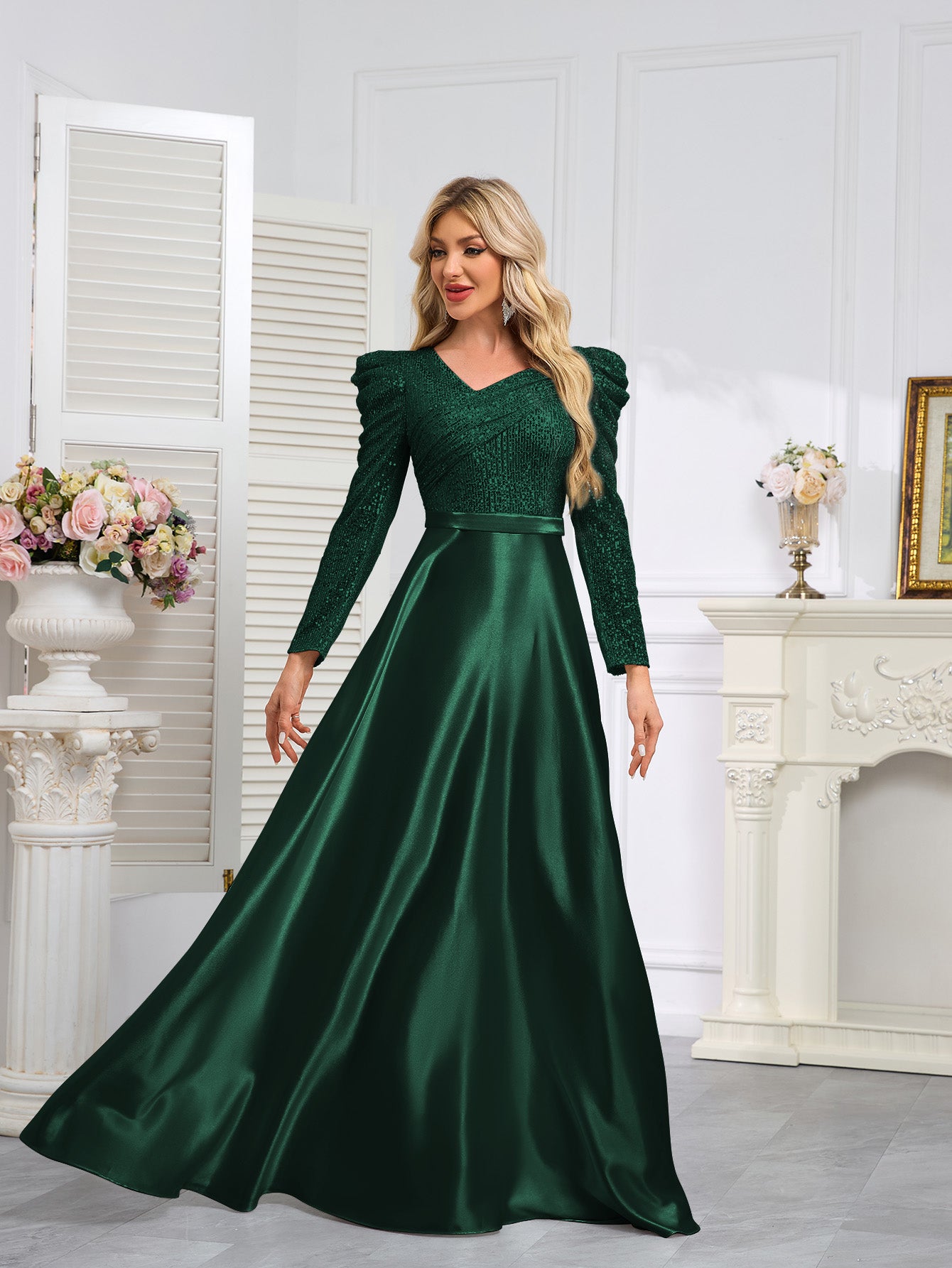 Dark Blue Satin Sequin Maxi Dress