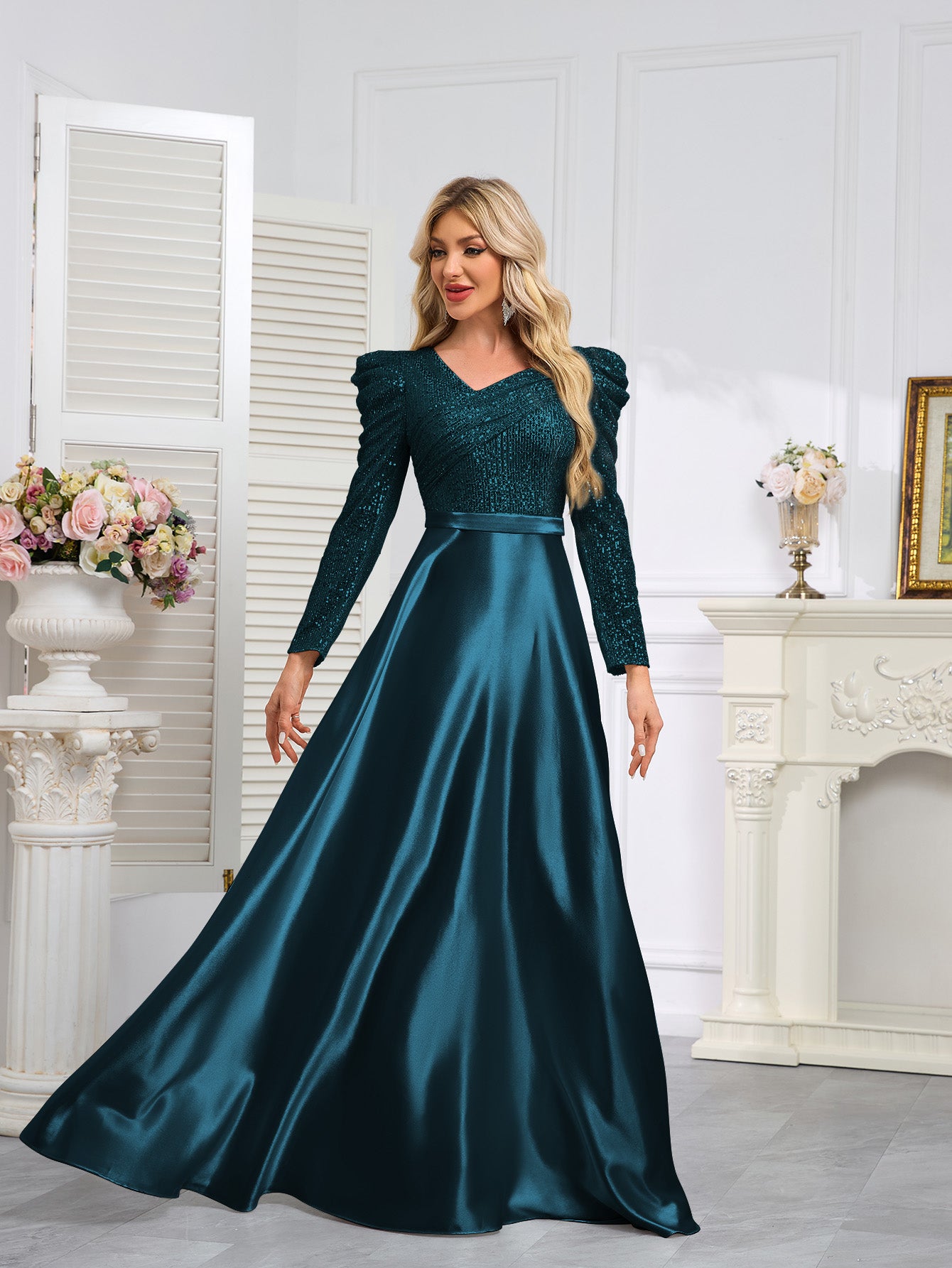 Dark Blue Satin Sequin Maxi Dress