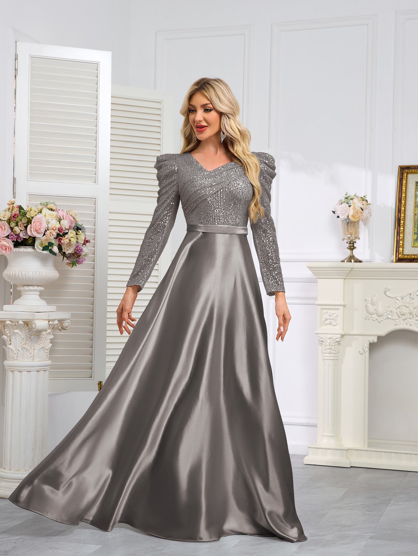 Dark Blue Satin Sequin Maxi Dress